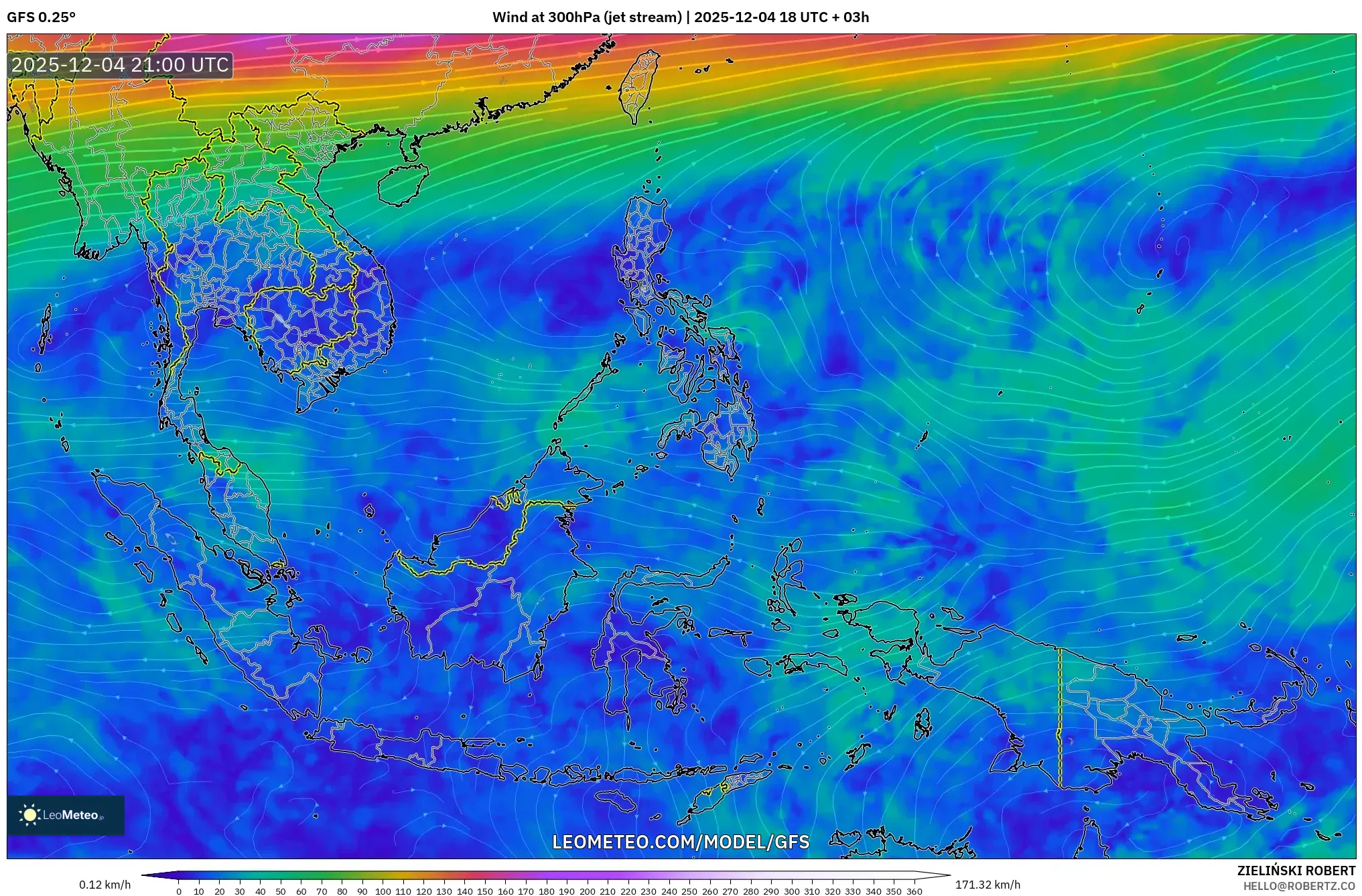 GFS model - South East Asia, Wind at 300hPa (jet stream)
