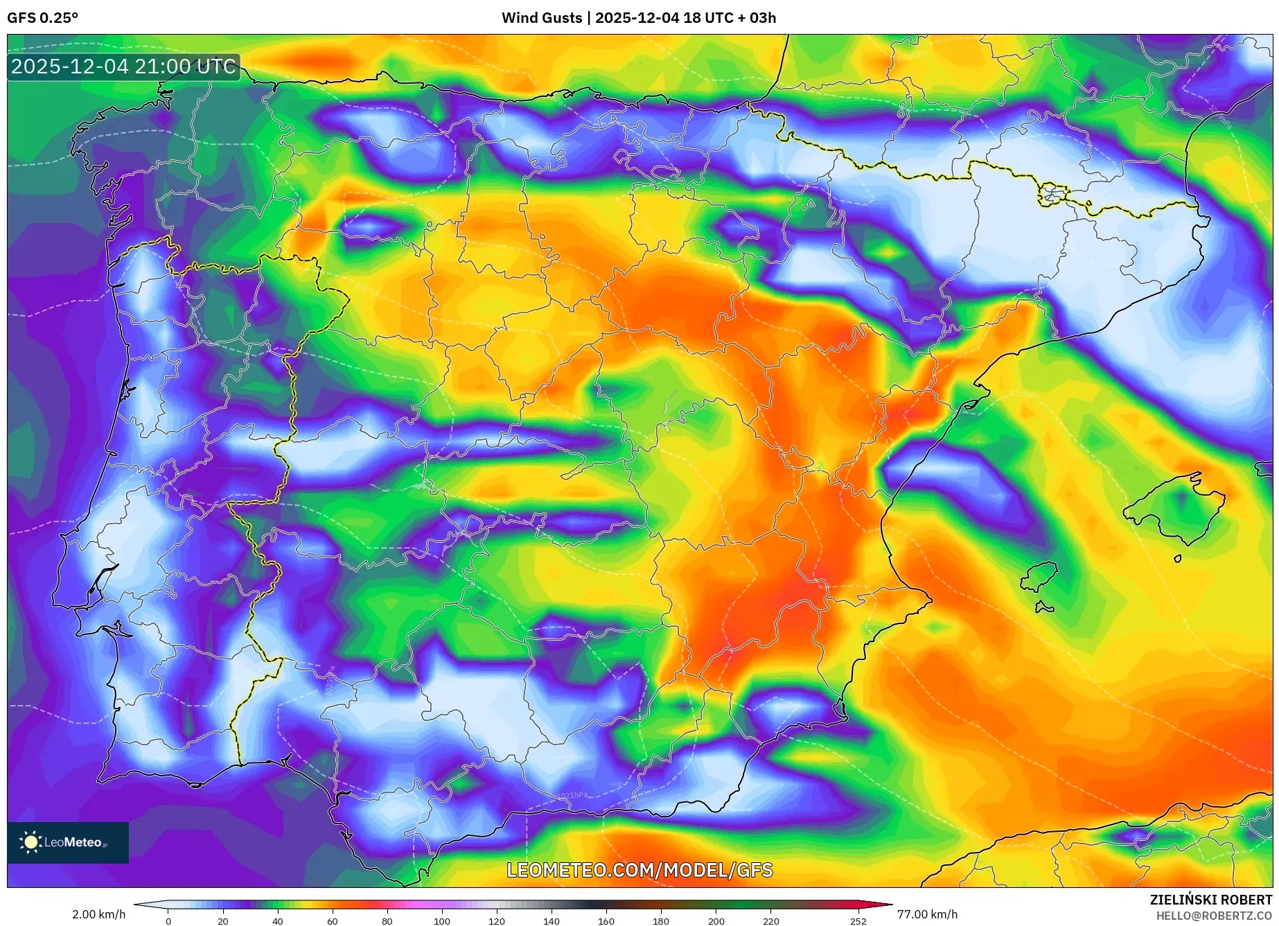 GFS model - Spain, Wind Gusts