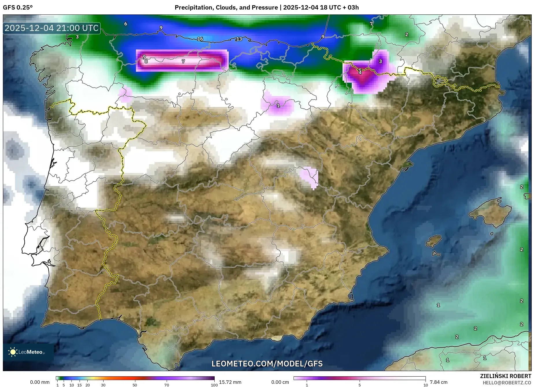 GFS model - Spain, Precipitation, Clouds, and Pressure