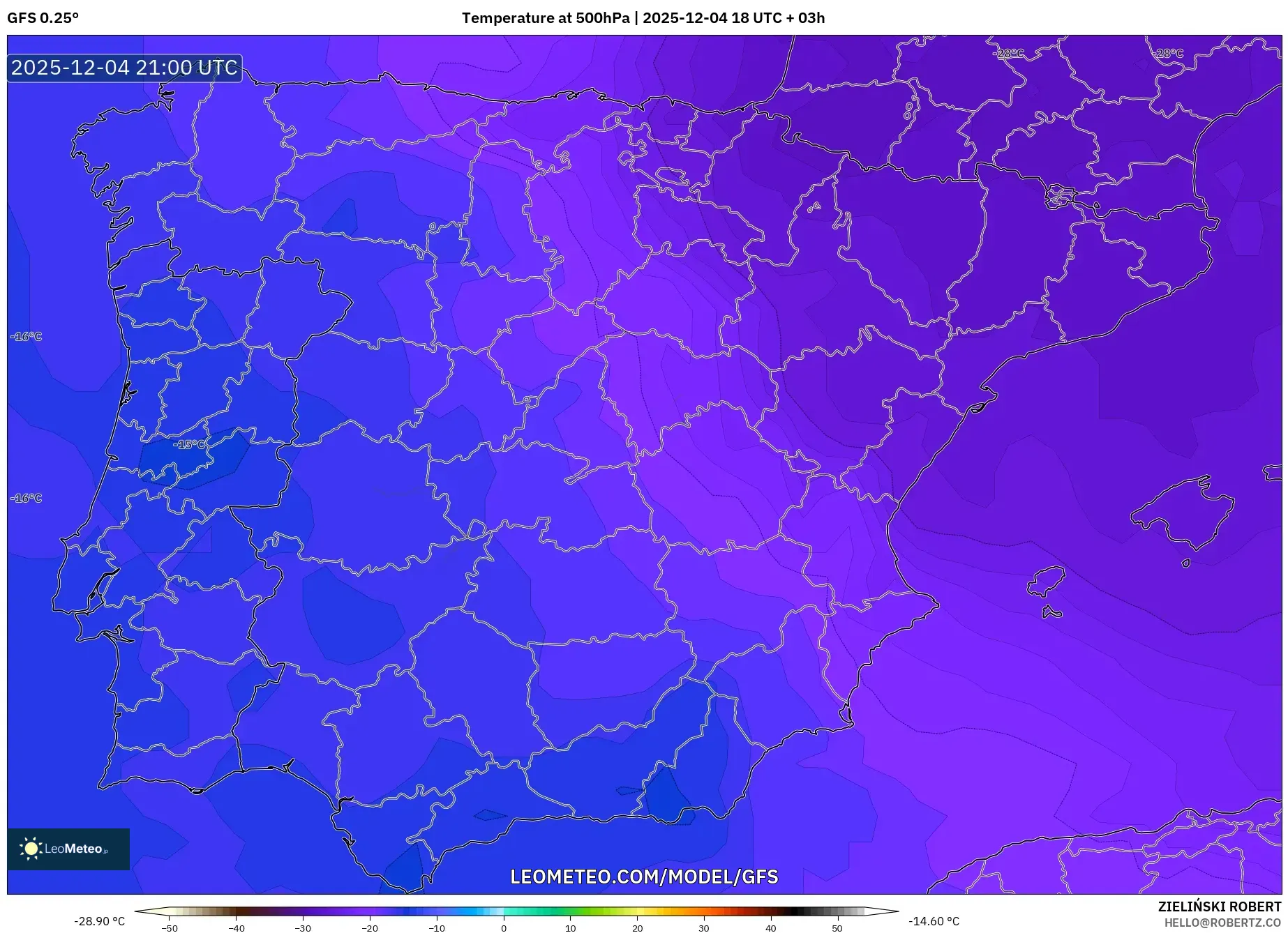 GFS model - Spain, Temperature at 500hPa