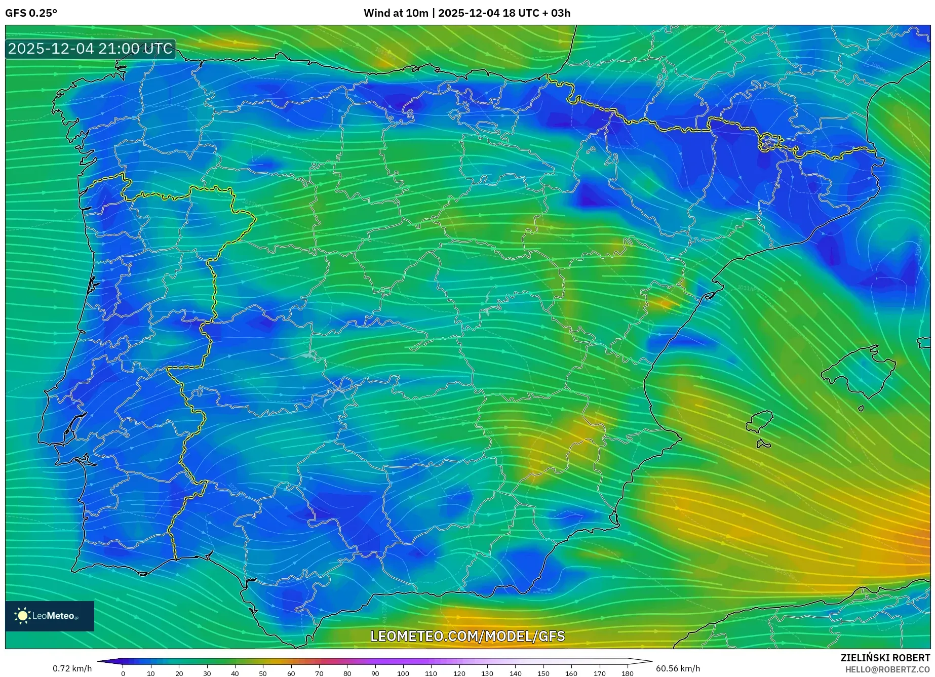 GFS model - Spain, Wind at 10m