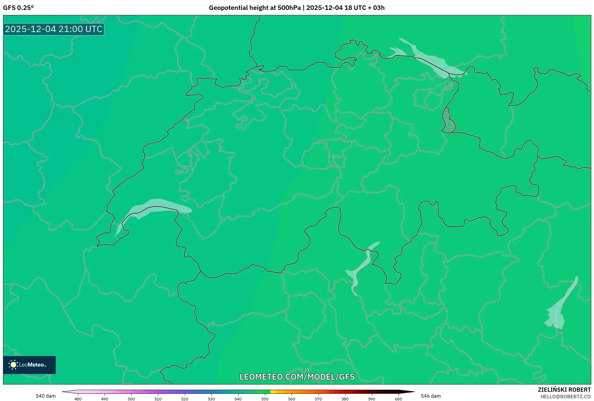 GFS model - Switzerland, Geopotential height at 500hPa