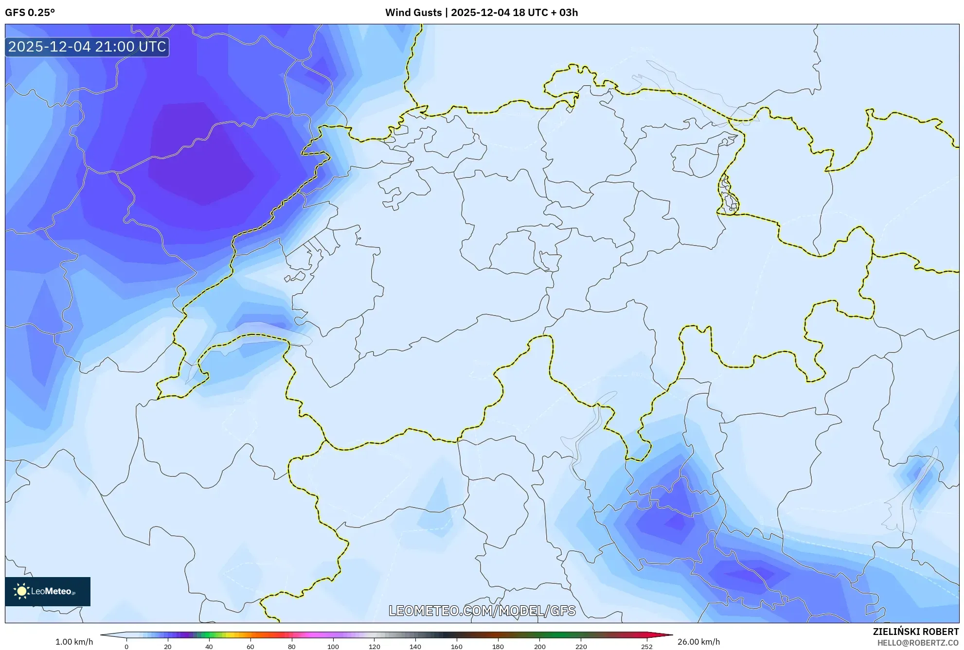 GFS model - Switzerland, Wind Gusts
