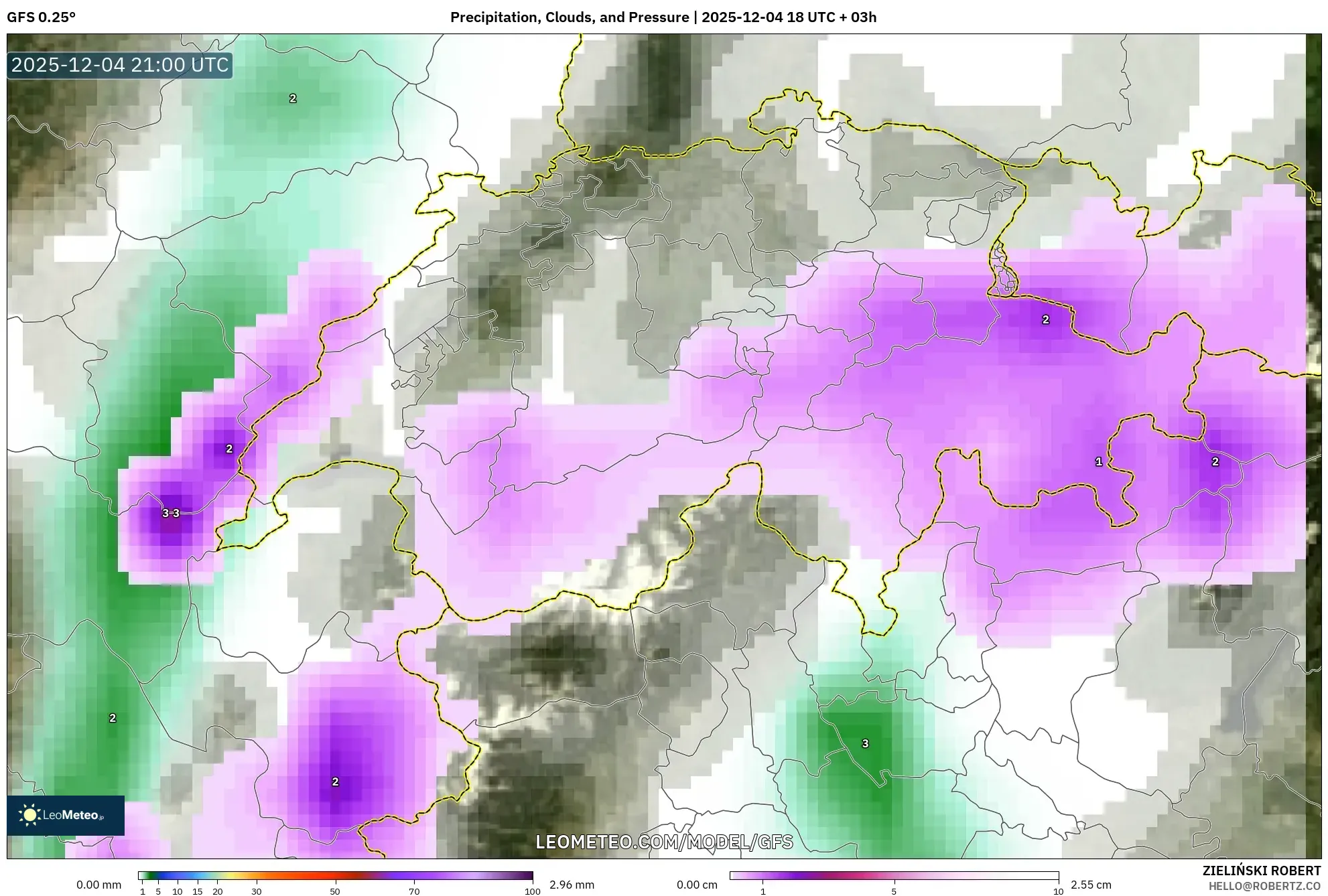 GFS model - Switzerland, Precipitation, Clouds, and Pressure