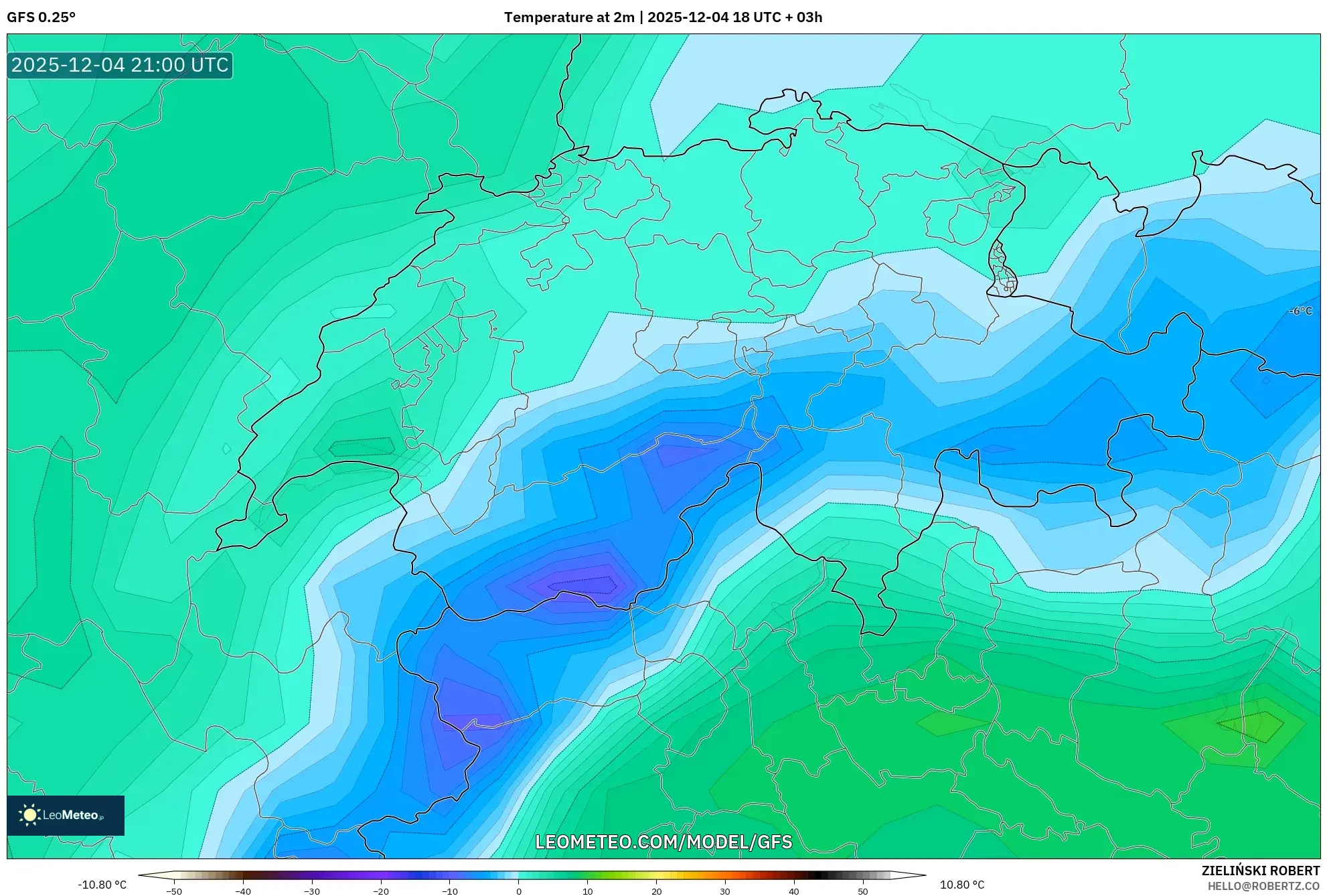 GFS model - Switzerland, Temperature at 2m
