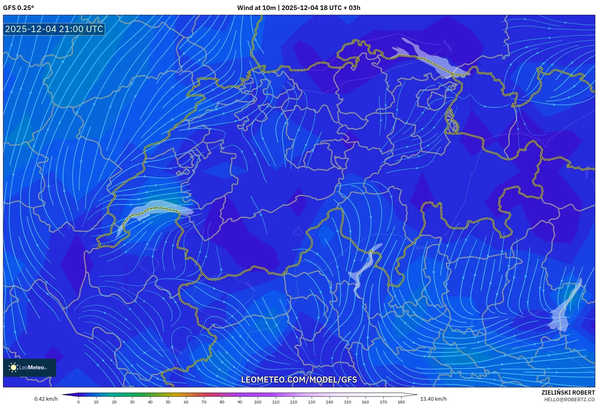 GFS model - Switzerland, Wind at 10m