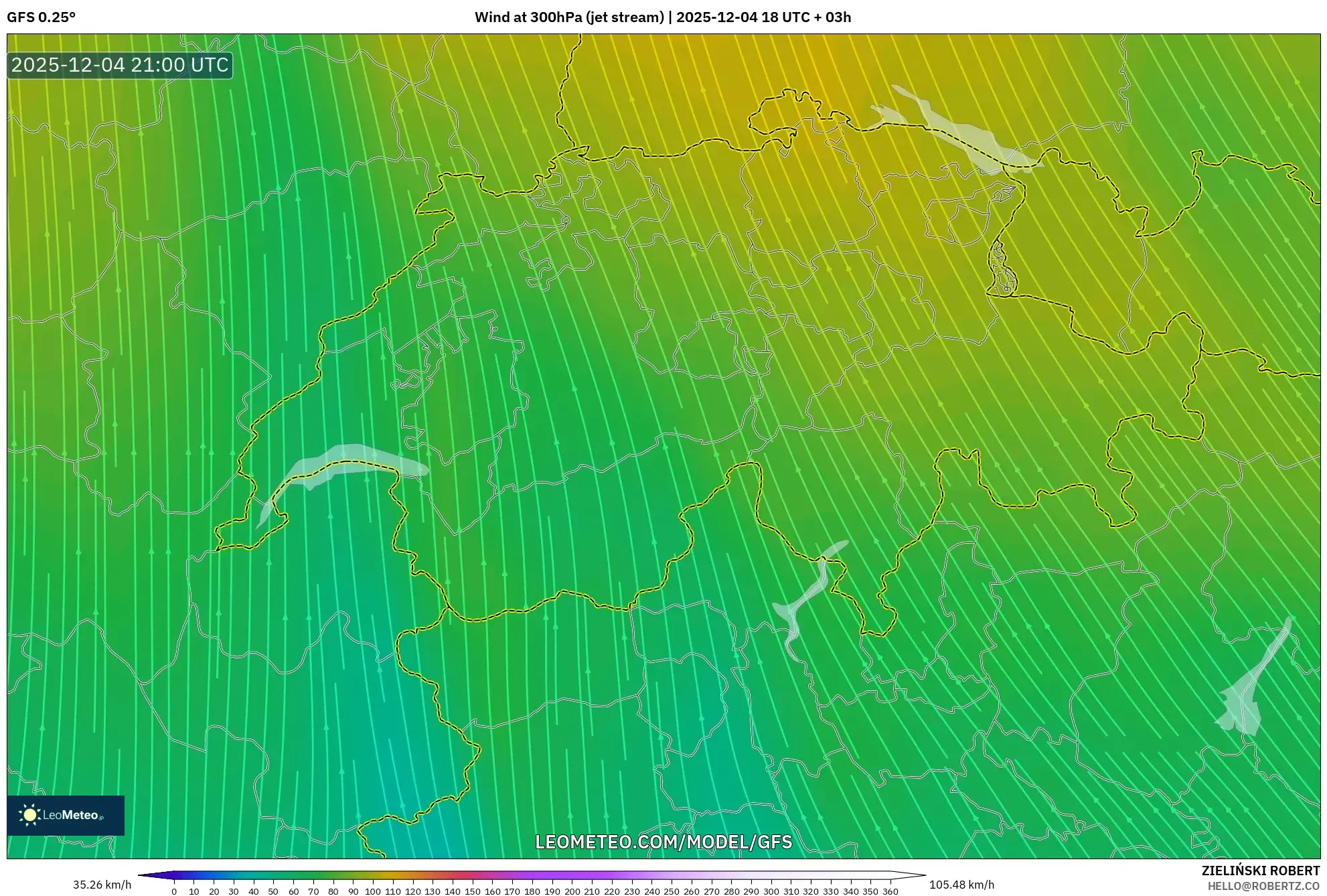 GFS model - Switzerland, Wind at 300hPa (jet stream)