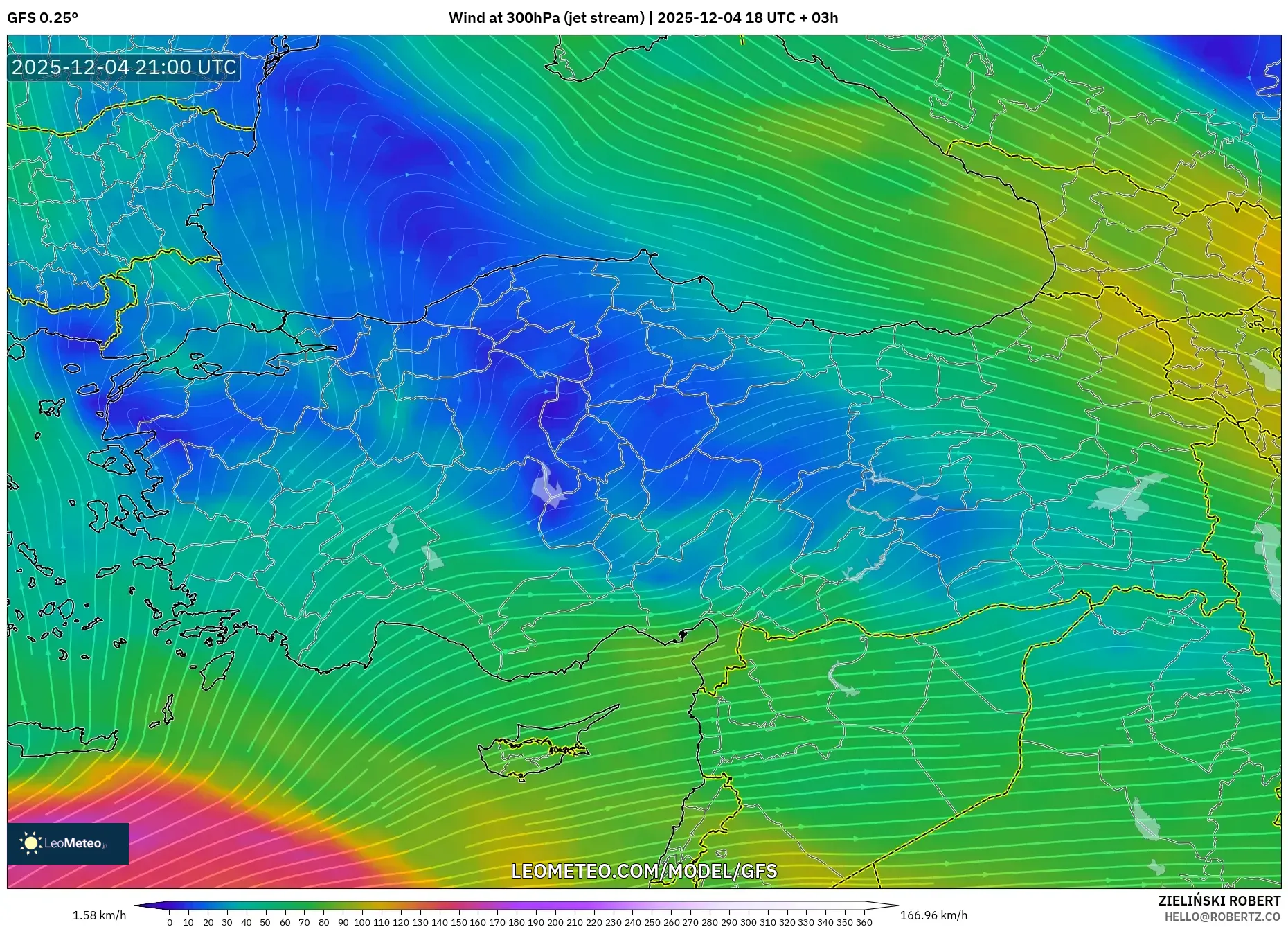 GFS model - Turkey, Wind at 300hPa (jet stream)