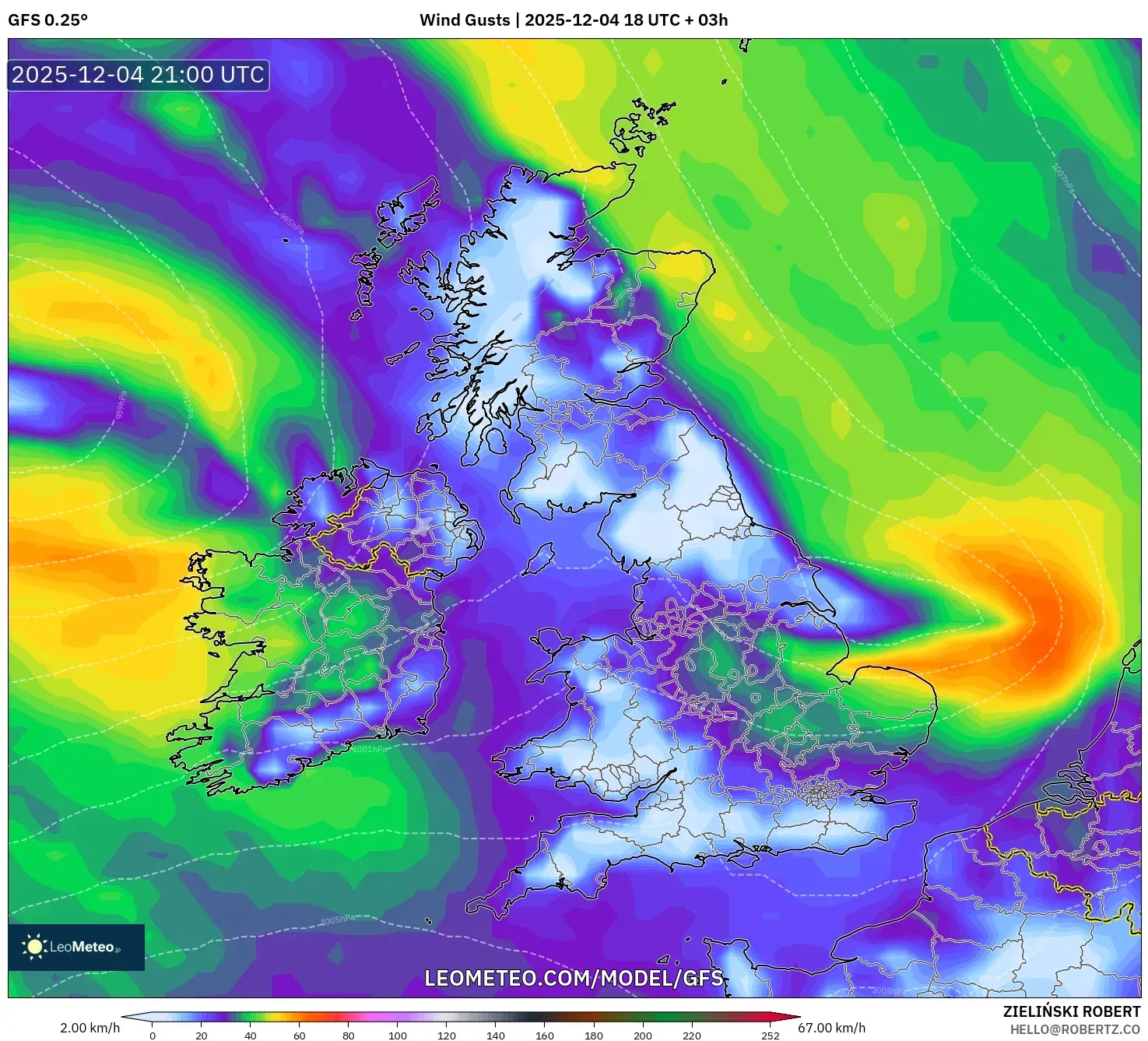 GFS model - United Kingdom, Wind Gusts