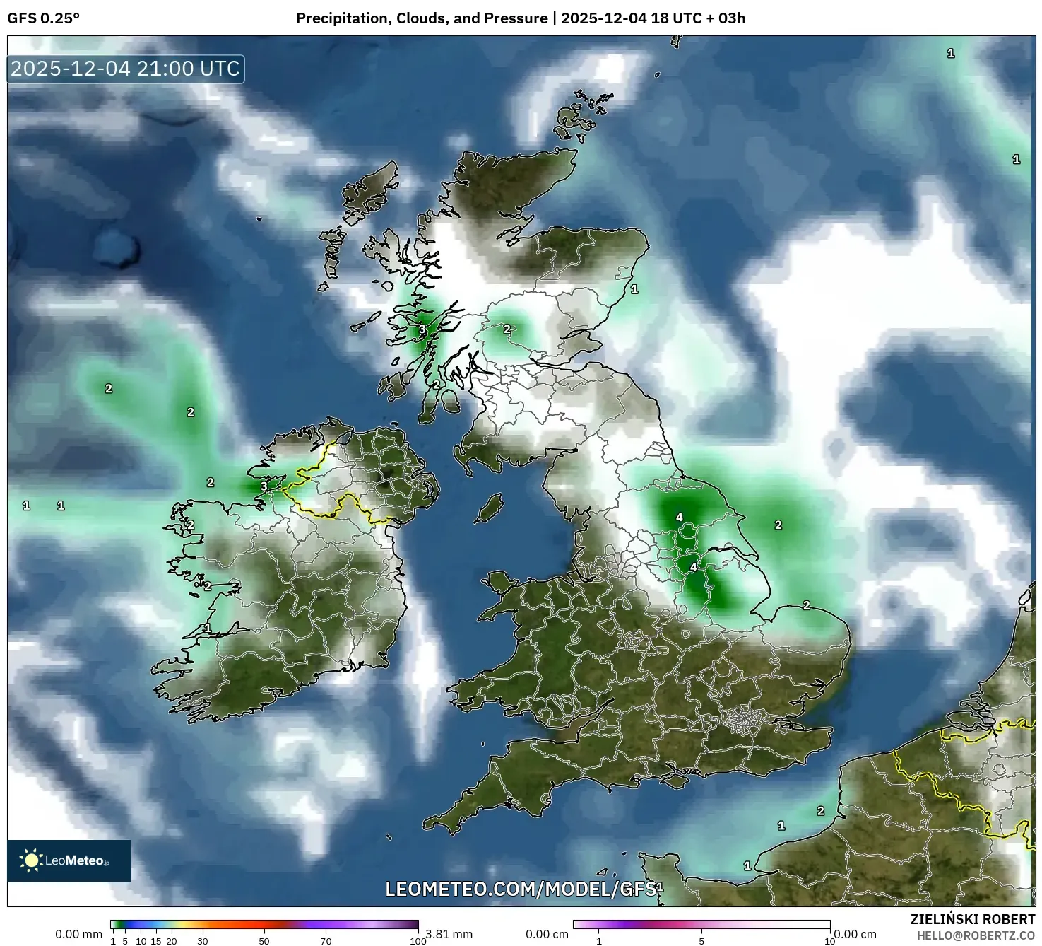 GFS model - United Kingdom, Precipitation, Clouds, and Pressure