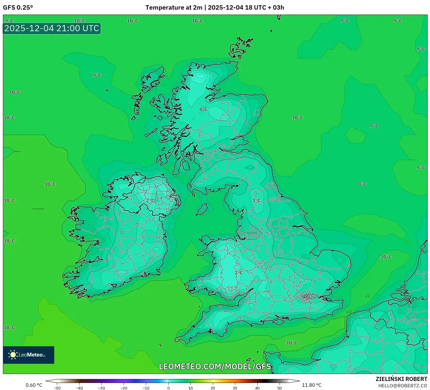 GFS model - United Kingdom, Temperature at 2m