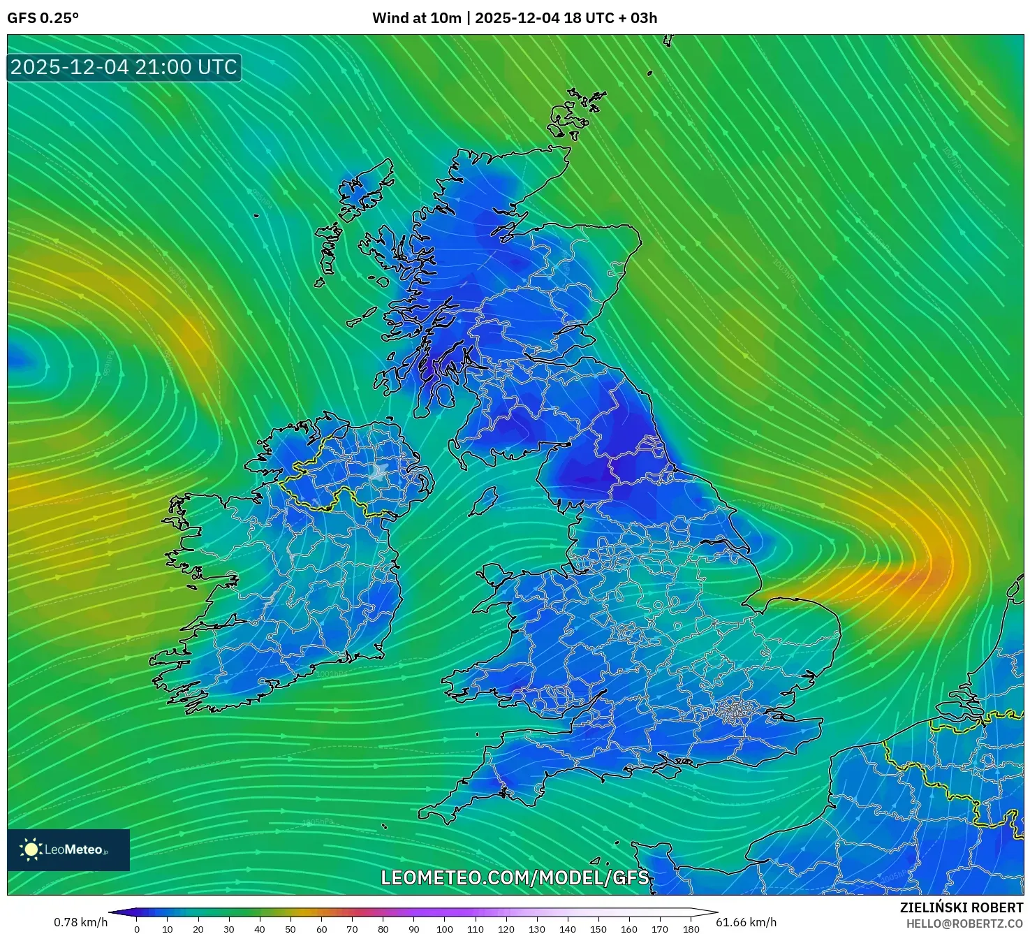 GFS model - United Kingdom, Wind at 10m