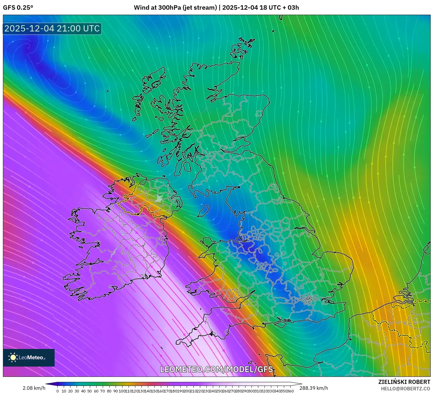 GFS model - United Kingdom, Wind at 300hPa (jet stream)