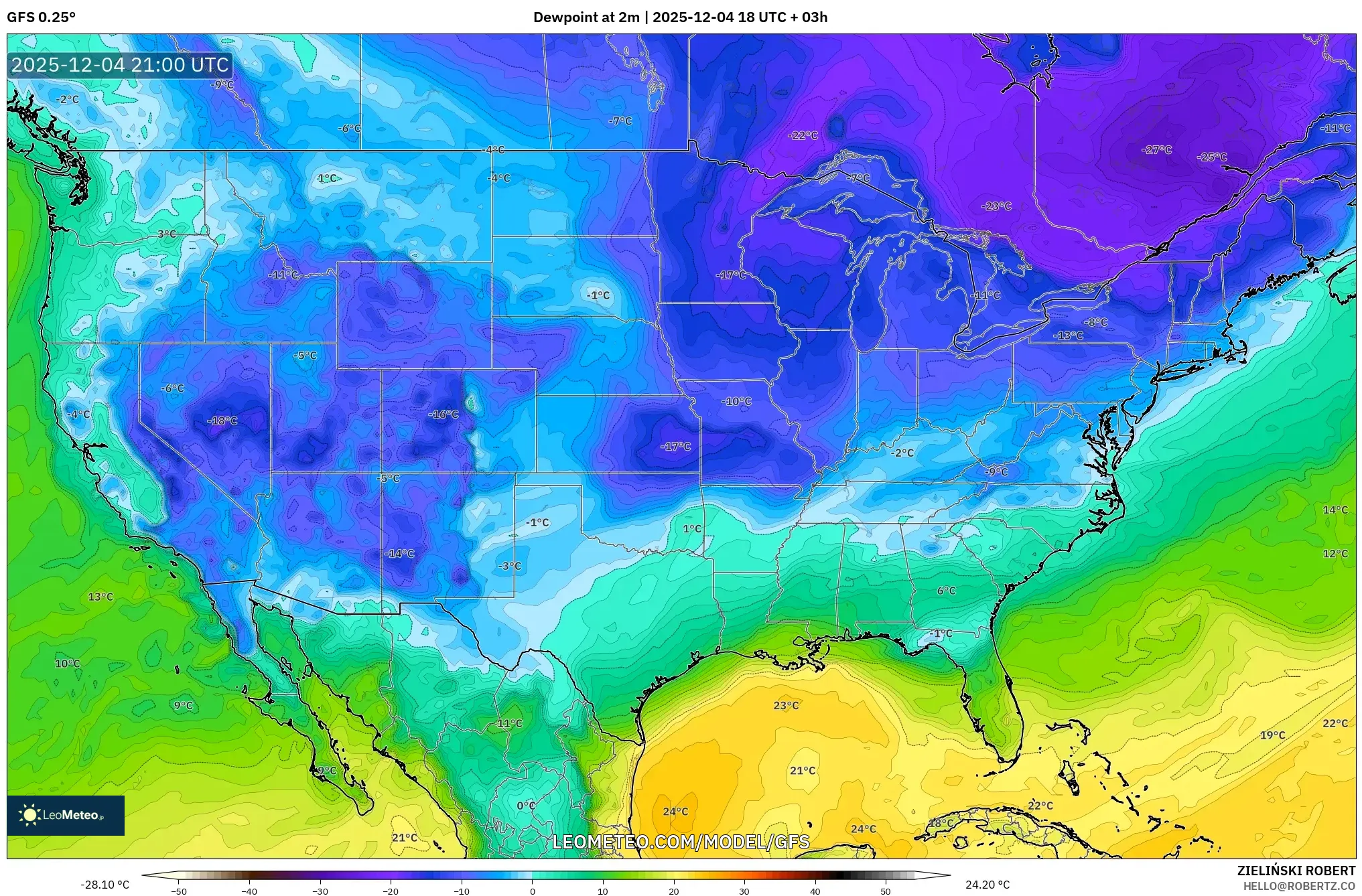 GFS model - United States, Dewpoint at 2m