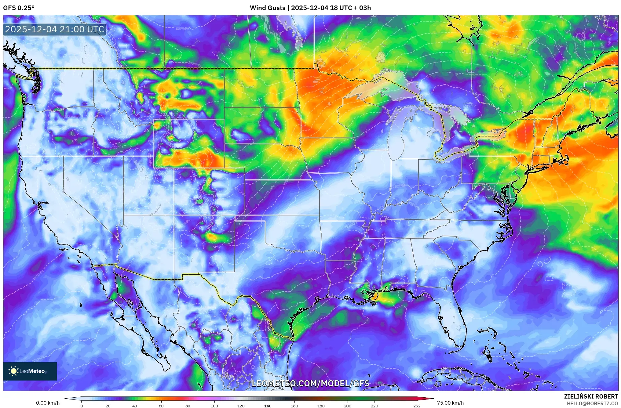 GFS model - United States, Wind Gusts
