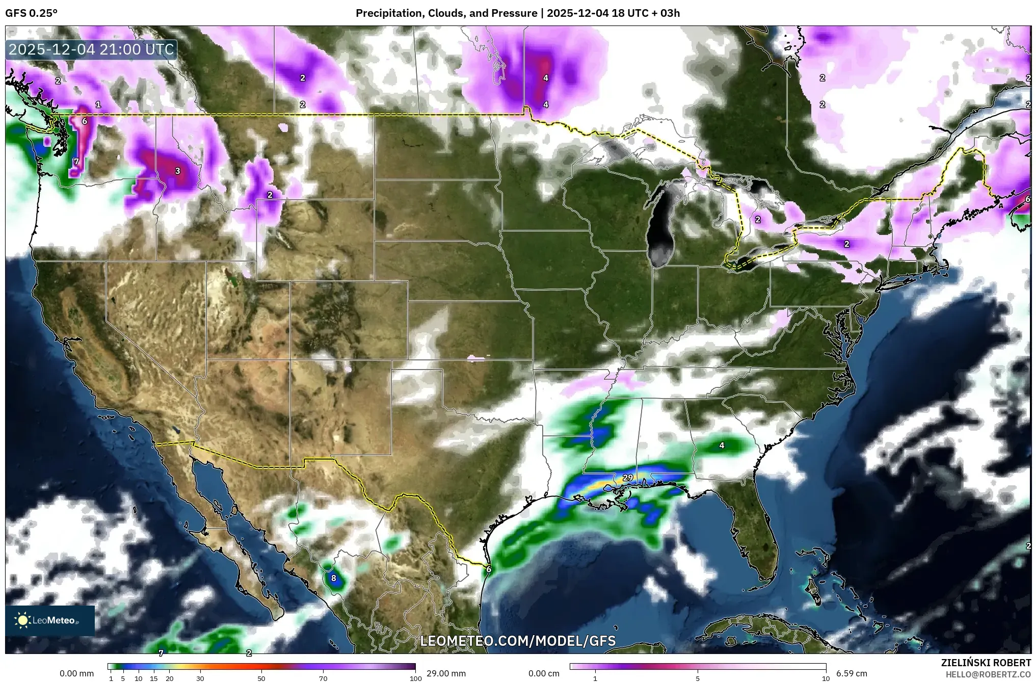 GFS model - United States, Precipitation, Clouds, and Pressure