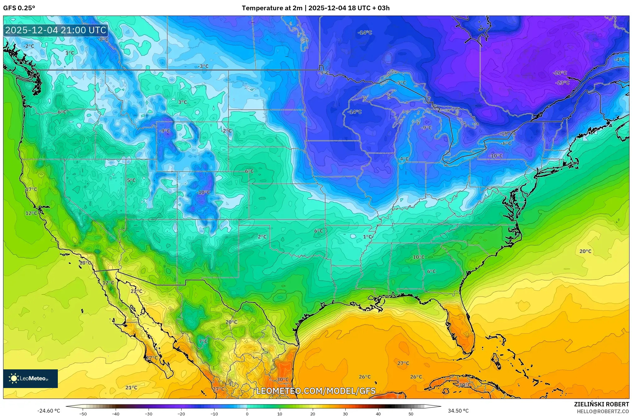 GFS model - United States, Temperature at 2m