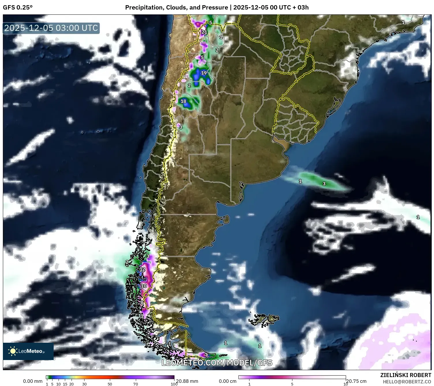 GFS model - Argentina, Precipitation, Clouds, and Pressure