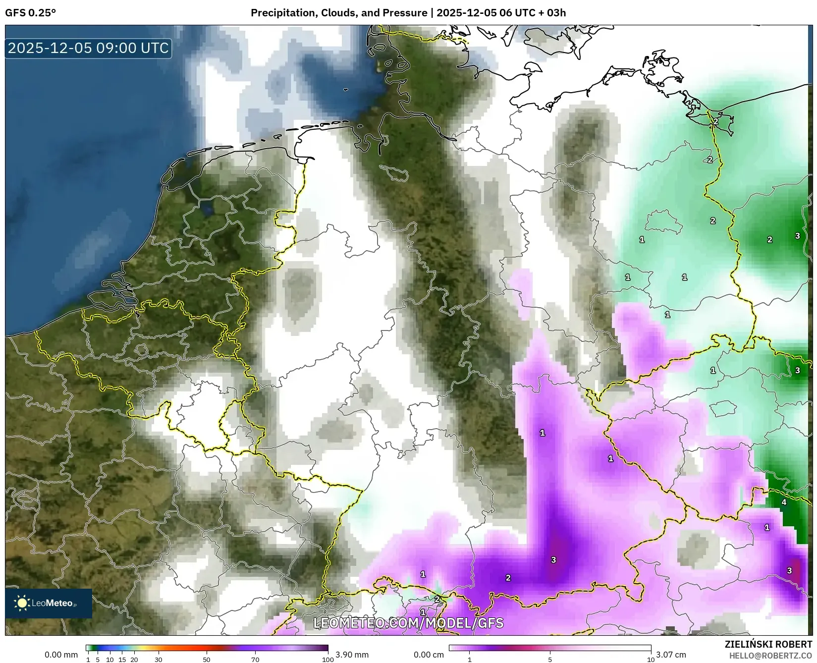 GFS model - Germany, Precipitation, Clouds, and Pressure