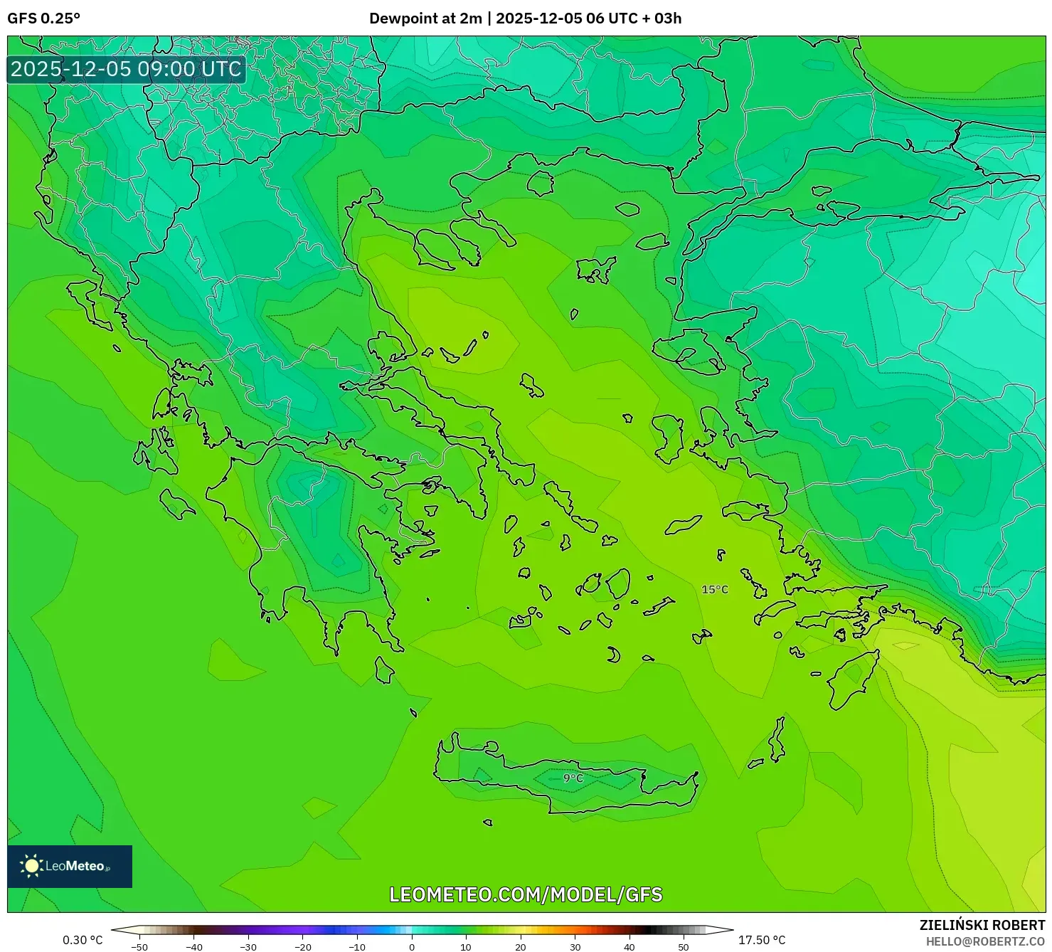 GFS model - Greece, Dewpoint at 2m