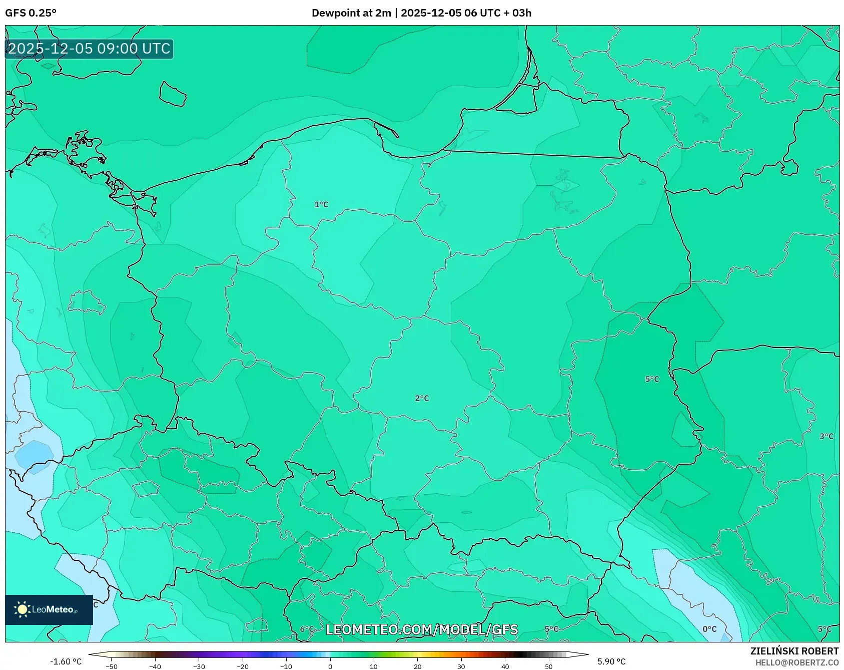 GFS model - Poland, Dewpoint at 2m