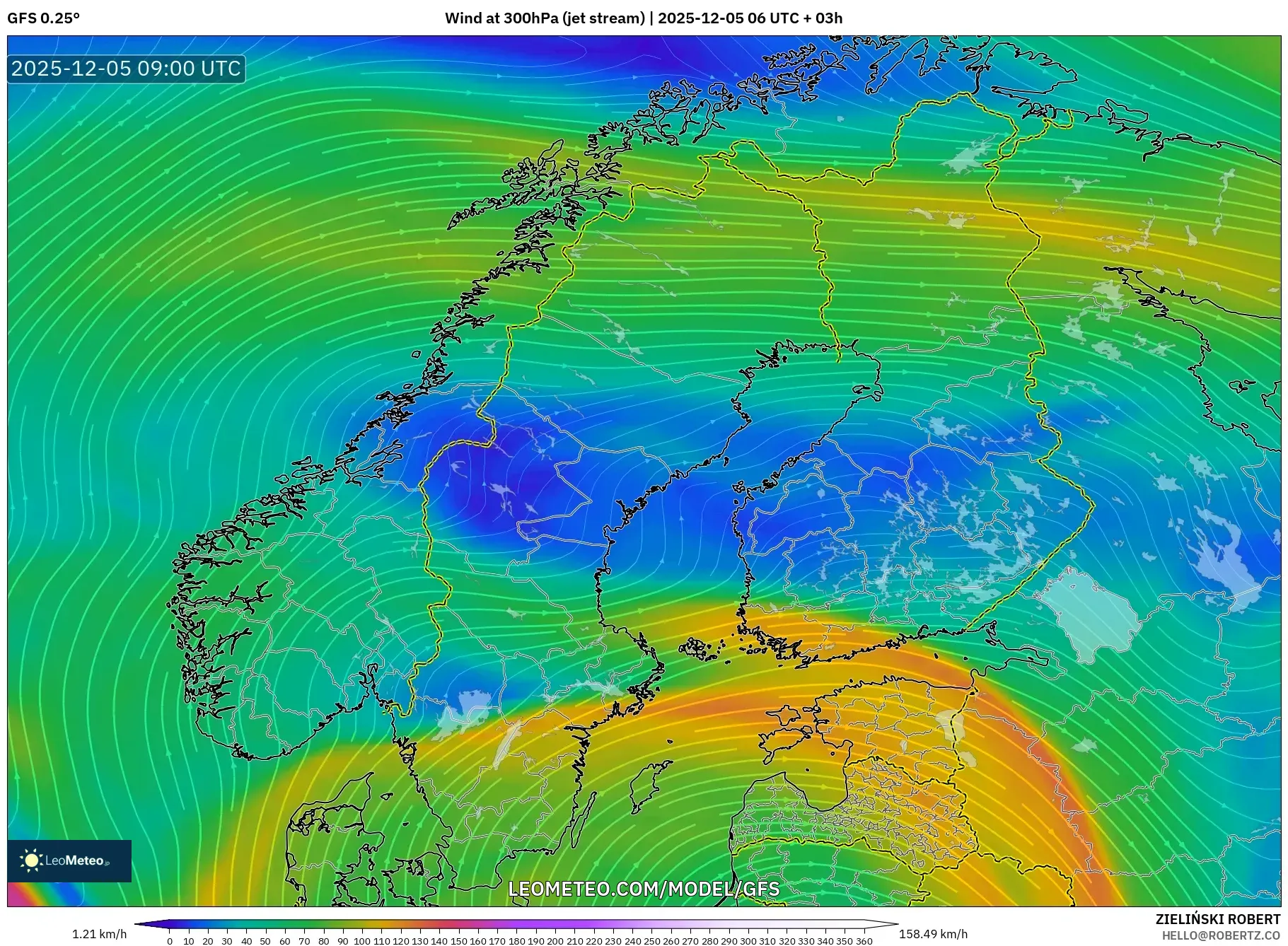 GFS model - Scandinavia, Wind at 300hPa (jet stream)