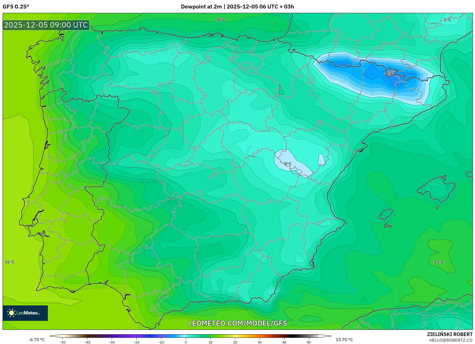 GFS model - Spain, Dewpoint at 2m
