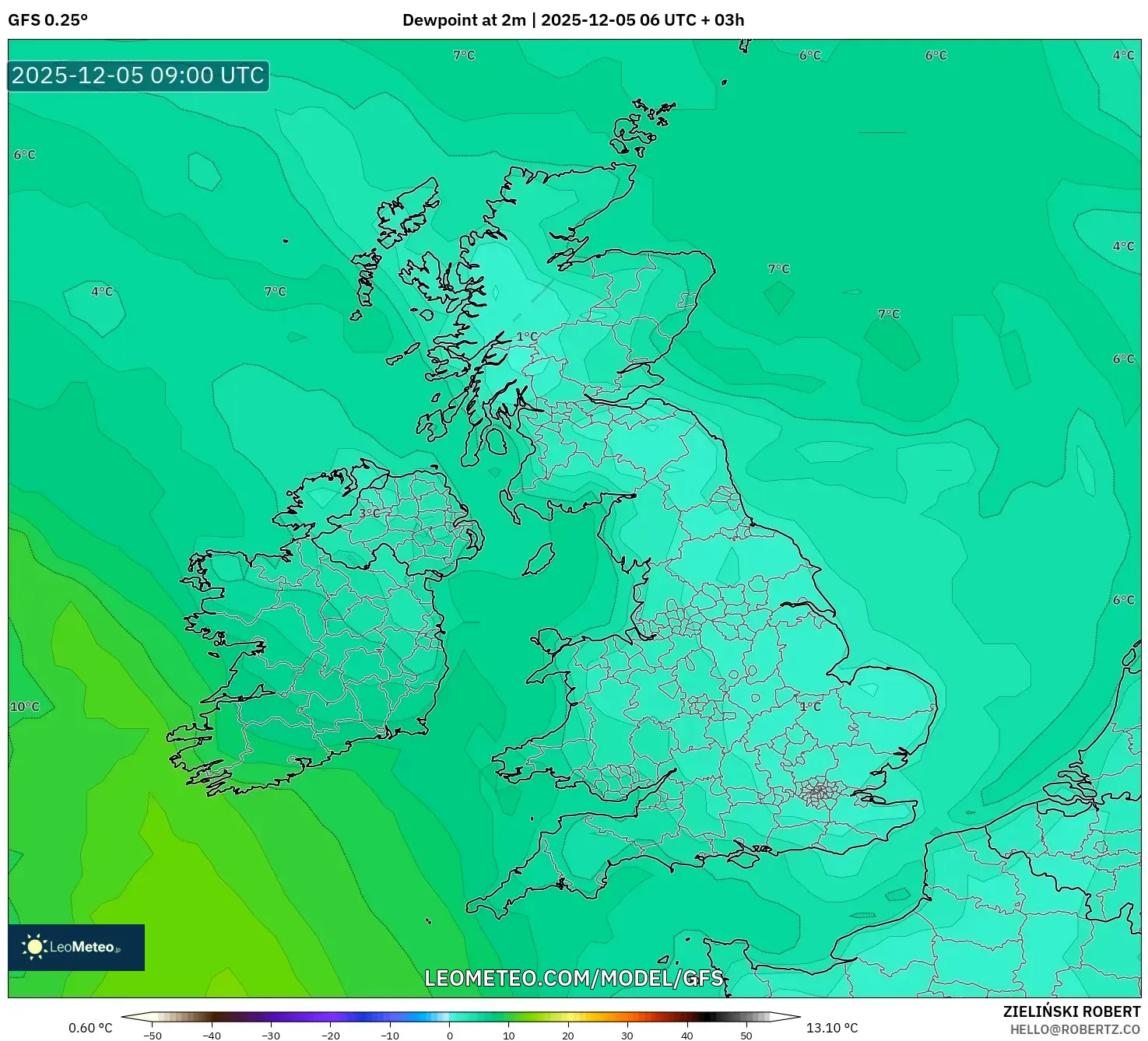 GFS model - United Kingdom, Dewpoint at 2m