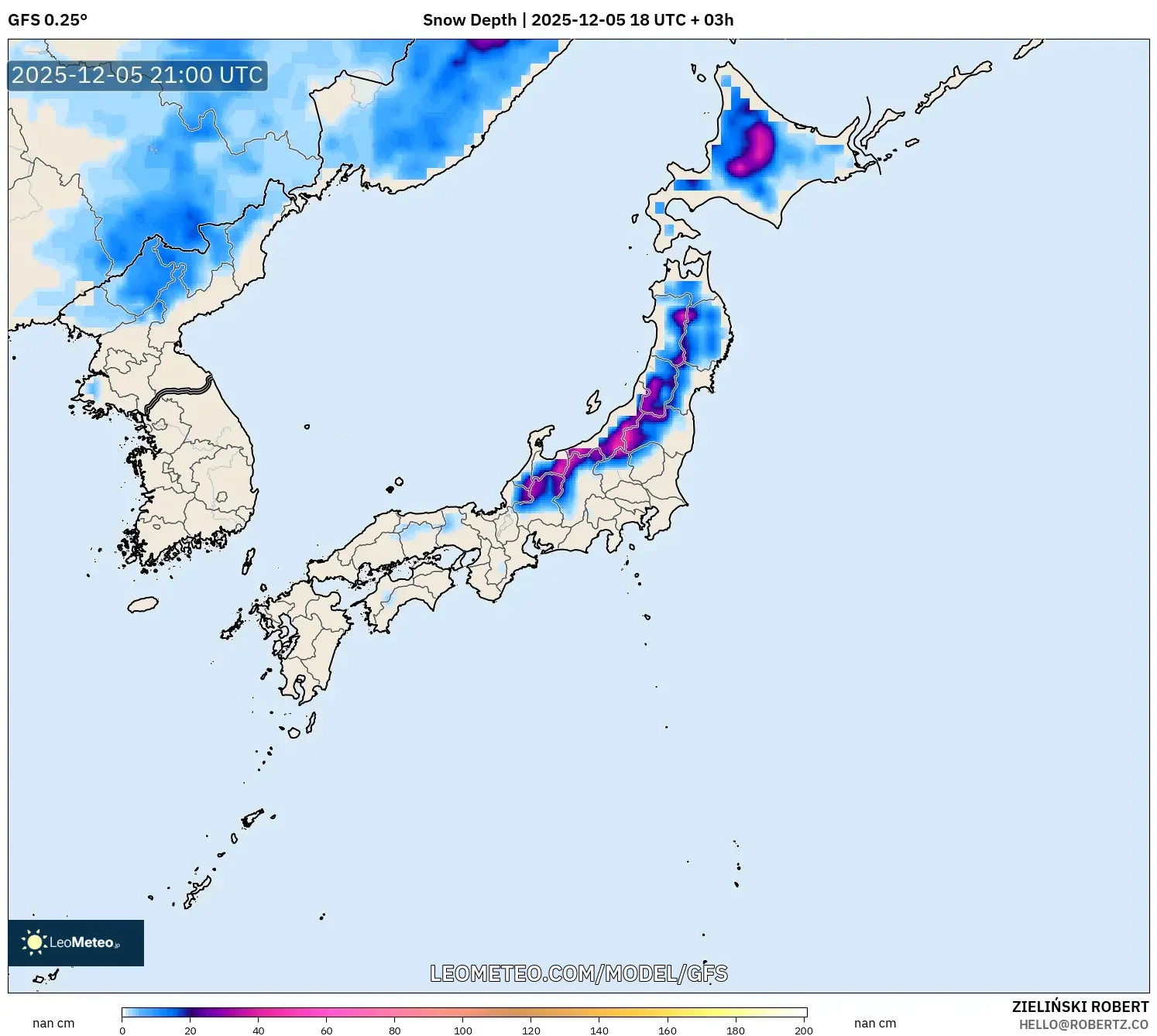 GFS model - Japan, Snow Depth