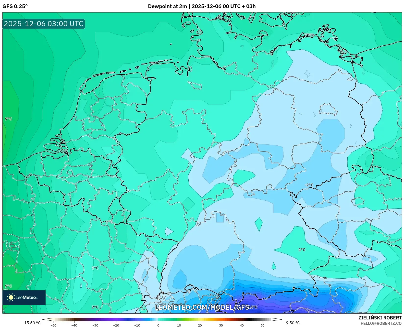 GFS model - Germany, Dewpoint at 2m
