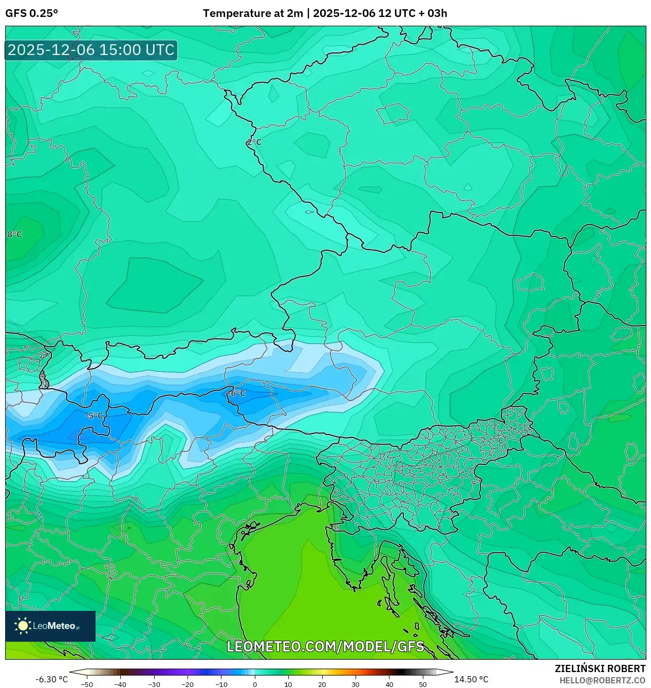 GFS model - Austria, Temperature at 2m