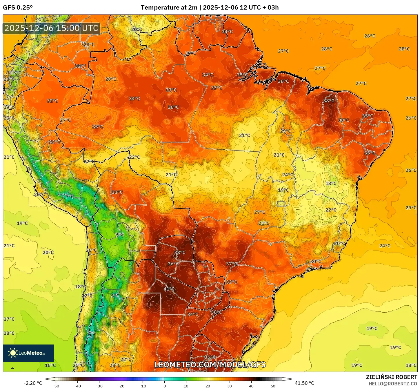 GFS model - Brazil, Temperature at 2m
