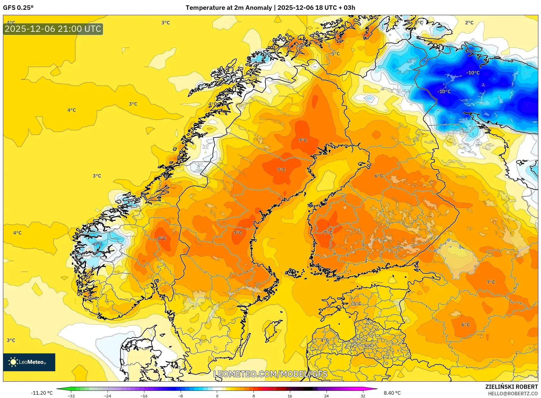 GFS model - Scandinavia, Temperature at 2m Anomaly