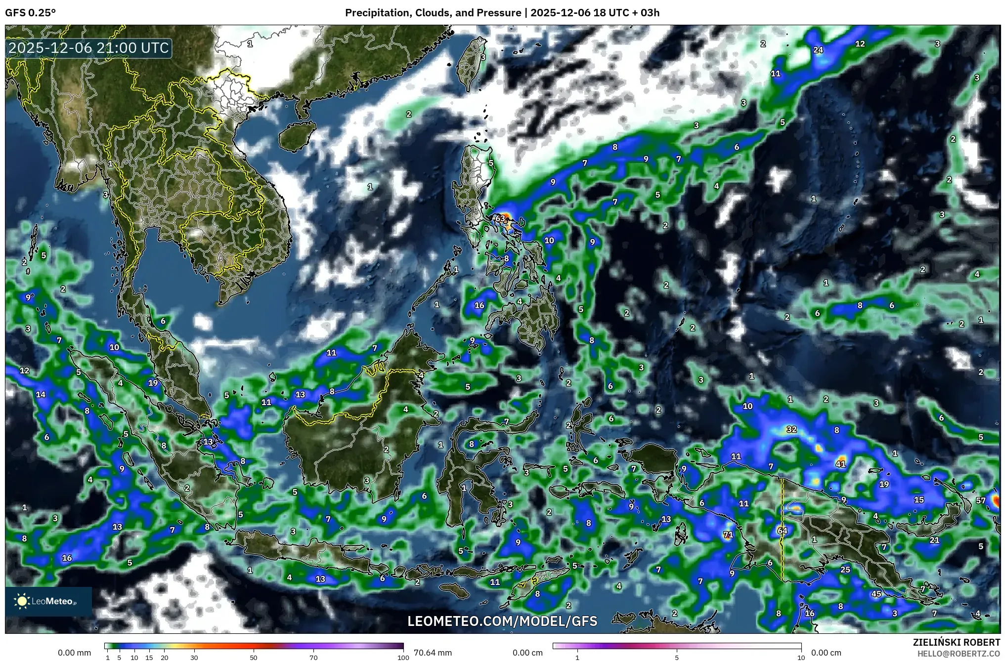 GFS model - South East Asia, Precipitation, Clouds, and Pressure