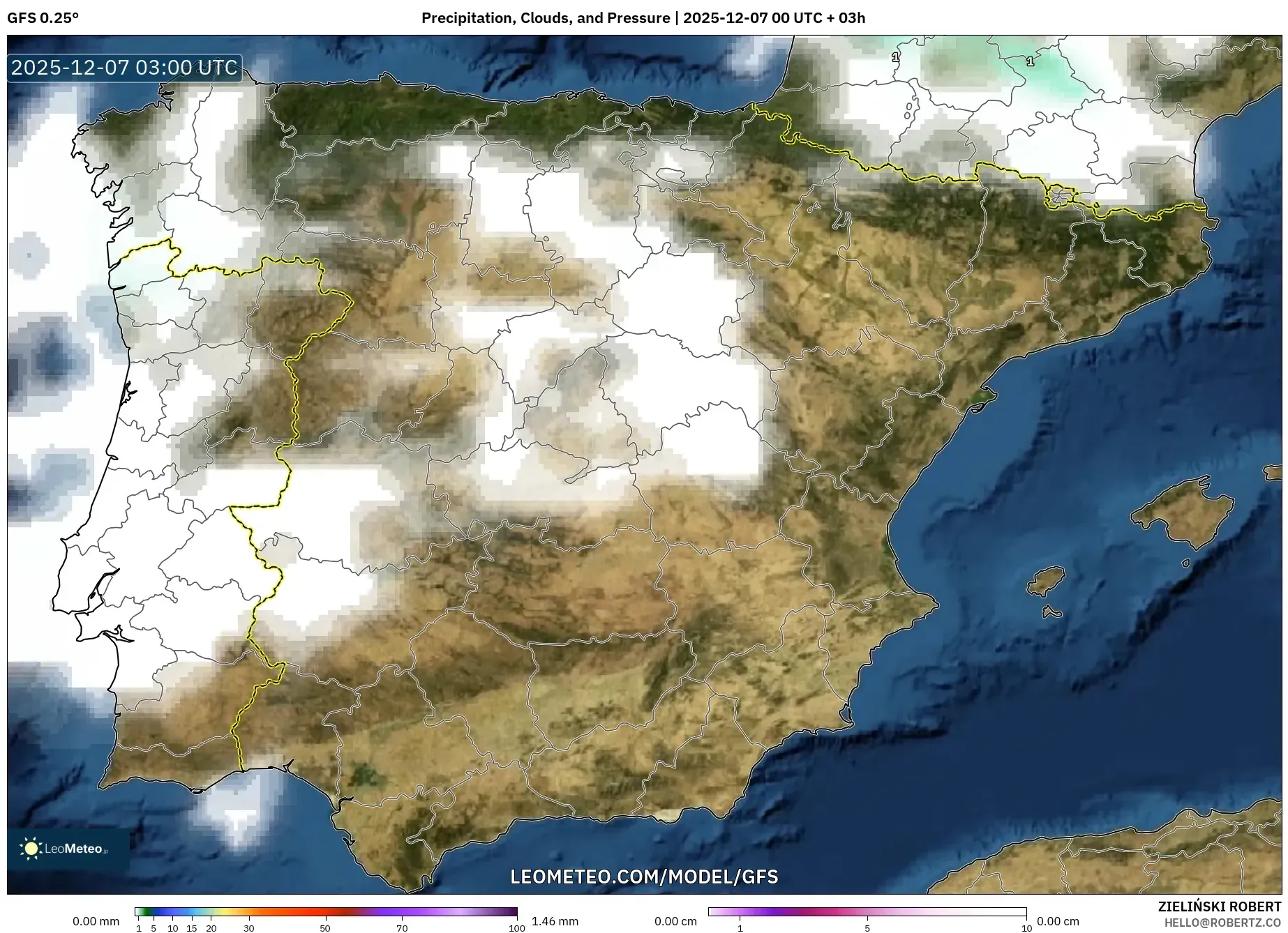 GFS model - Spain, Precipitation, Clouds, and Pressure