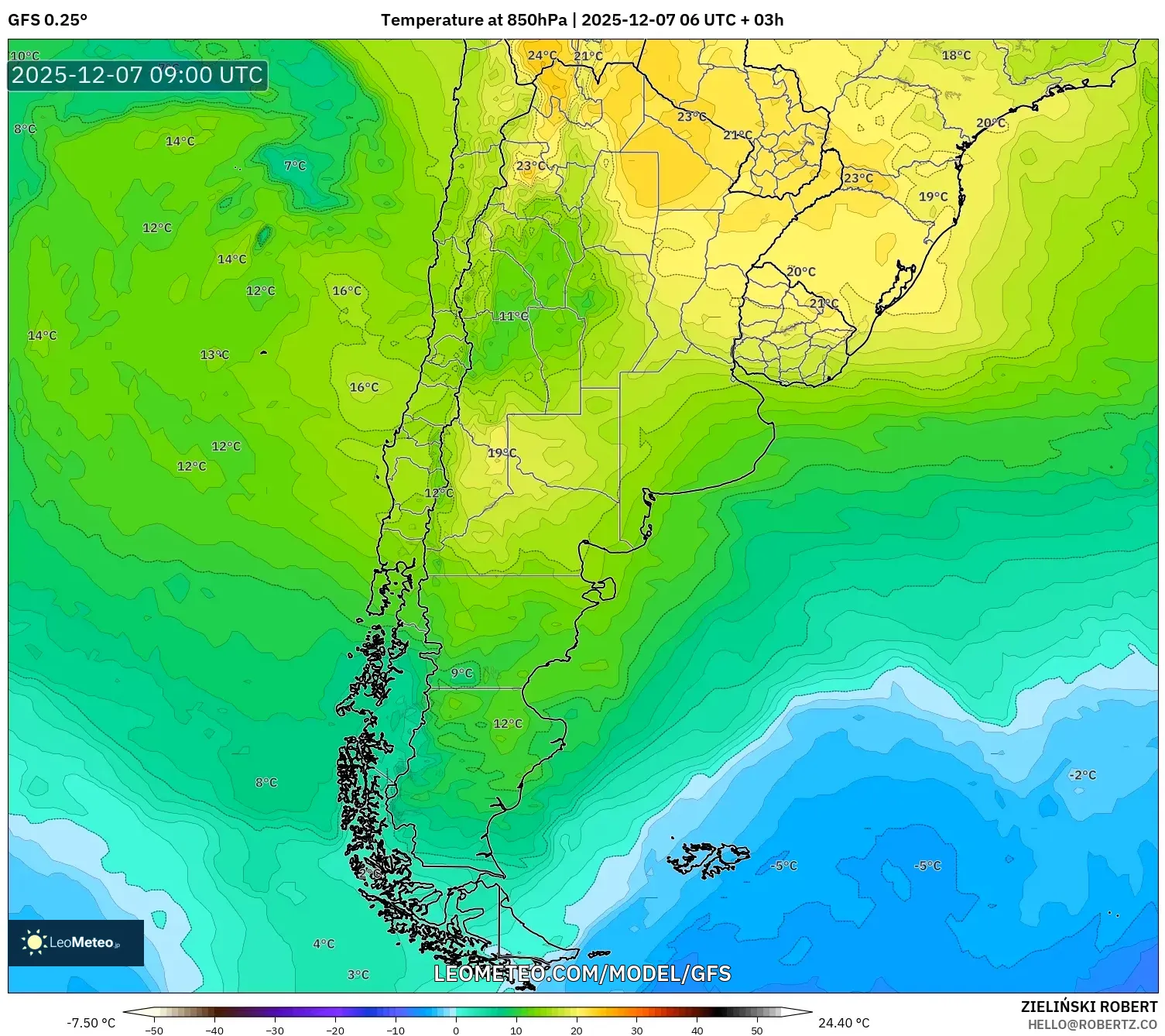 GFS model - Argentina, Temperature at 850hPa