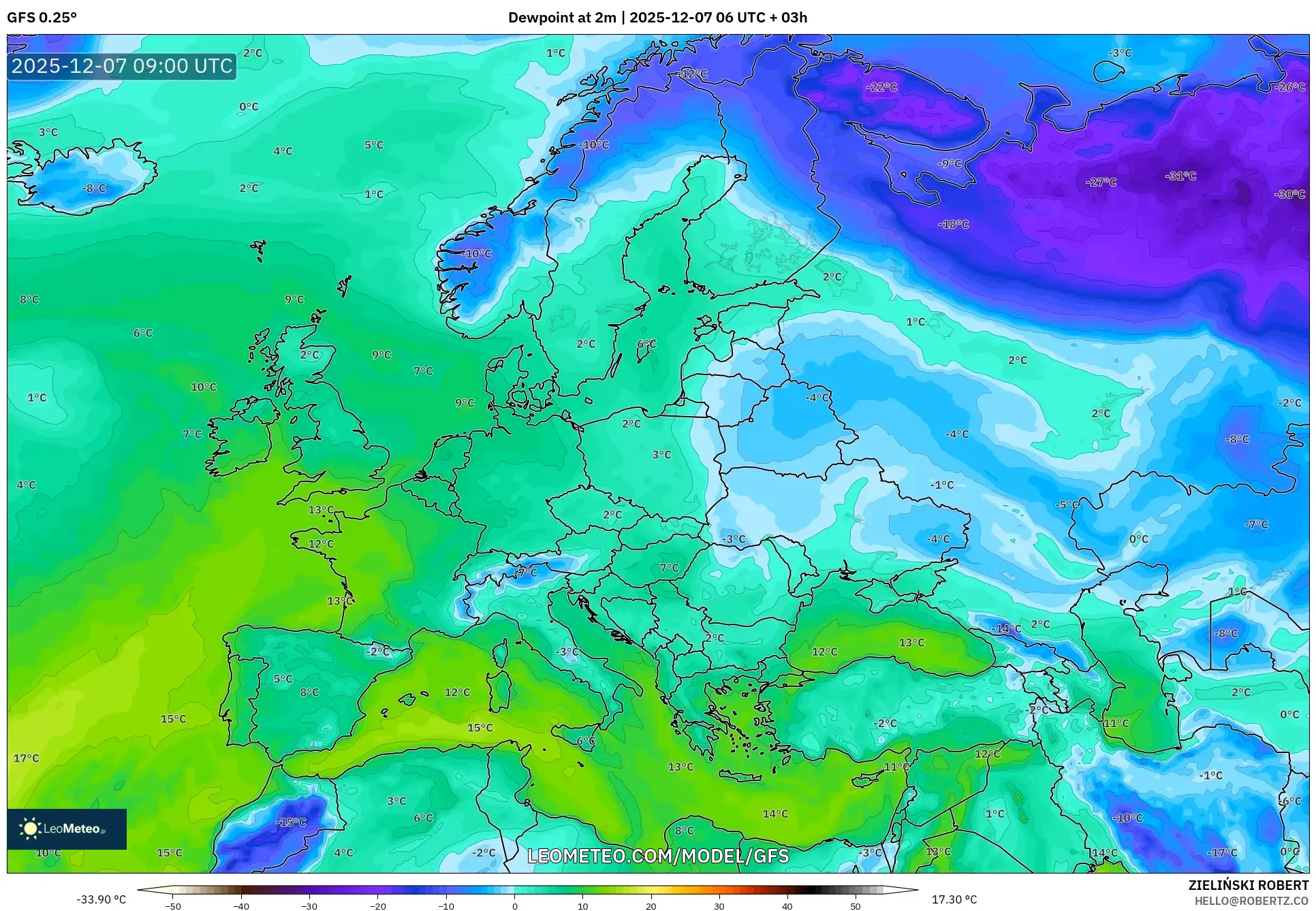 GFS model - Europe, Dewpoint at 2m