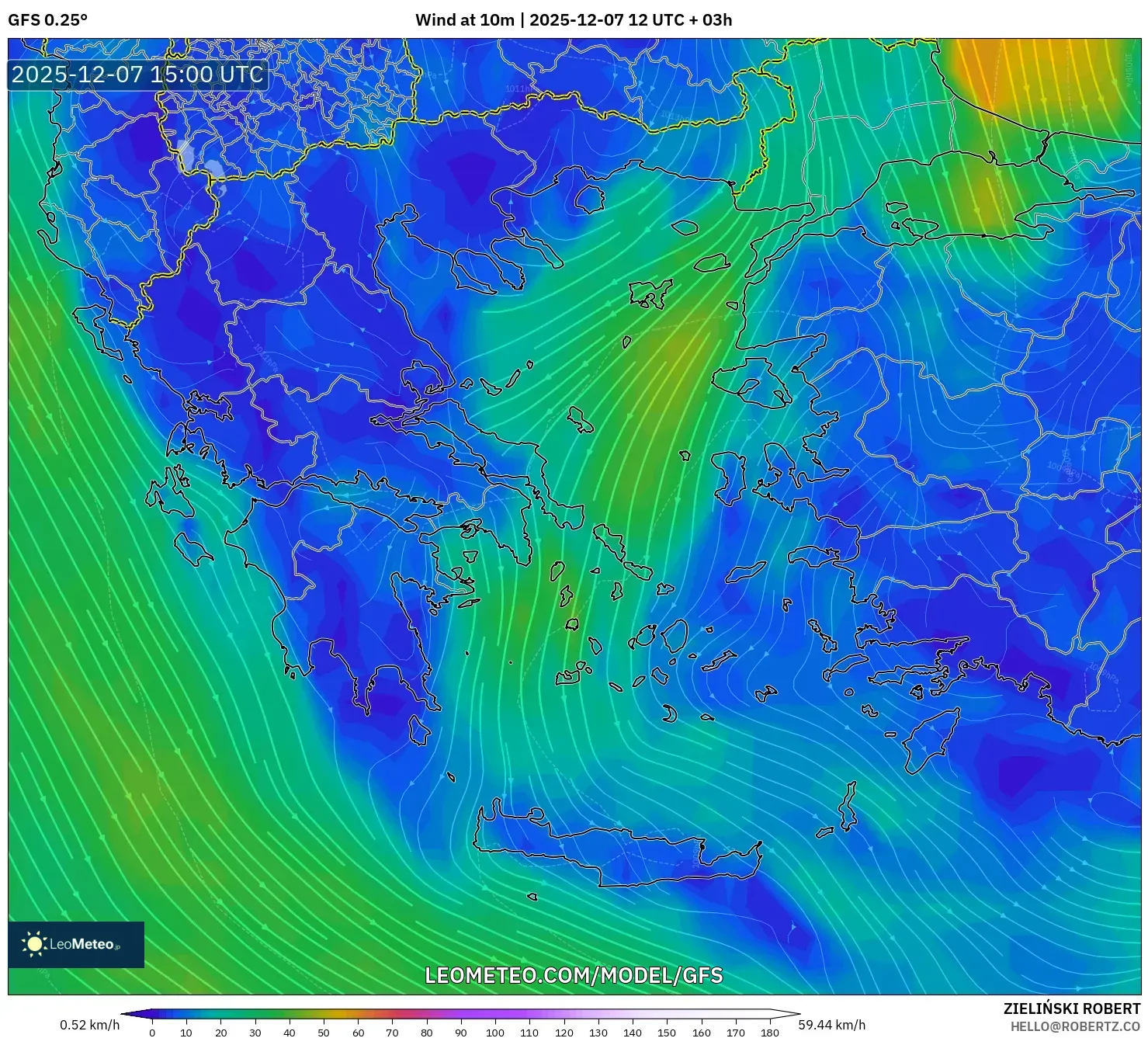 GFS model - Greece, Wind at 10m
