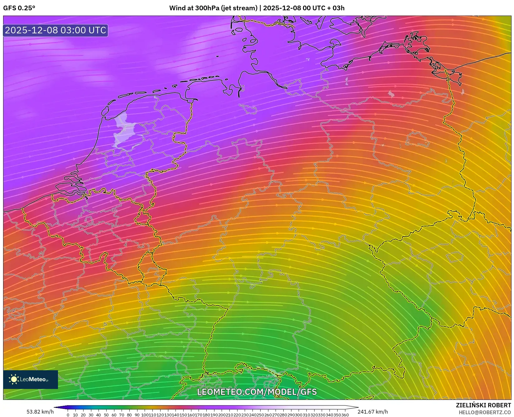 GFS model - Germany, Wind at 300hPa (jet stream)