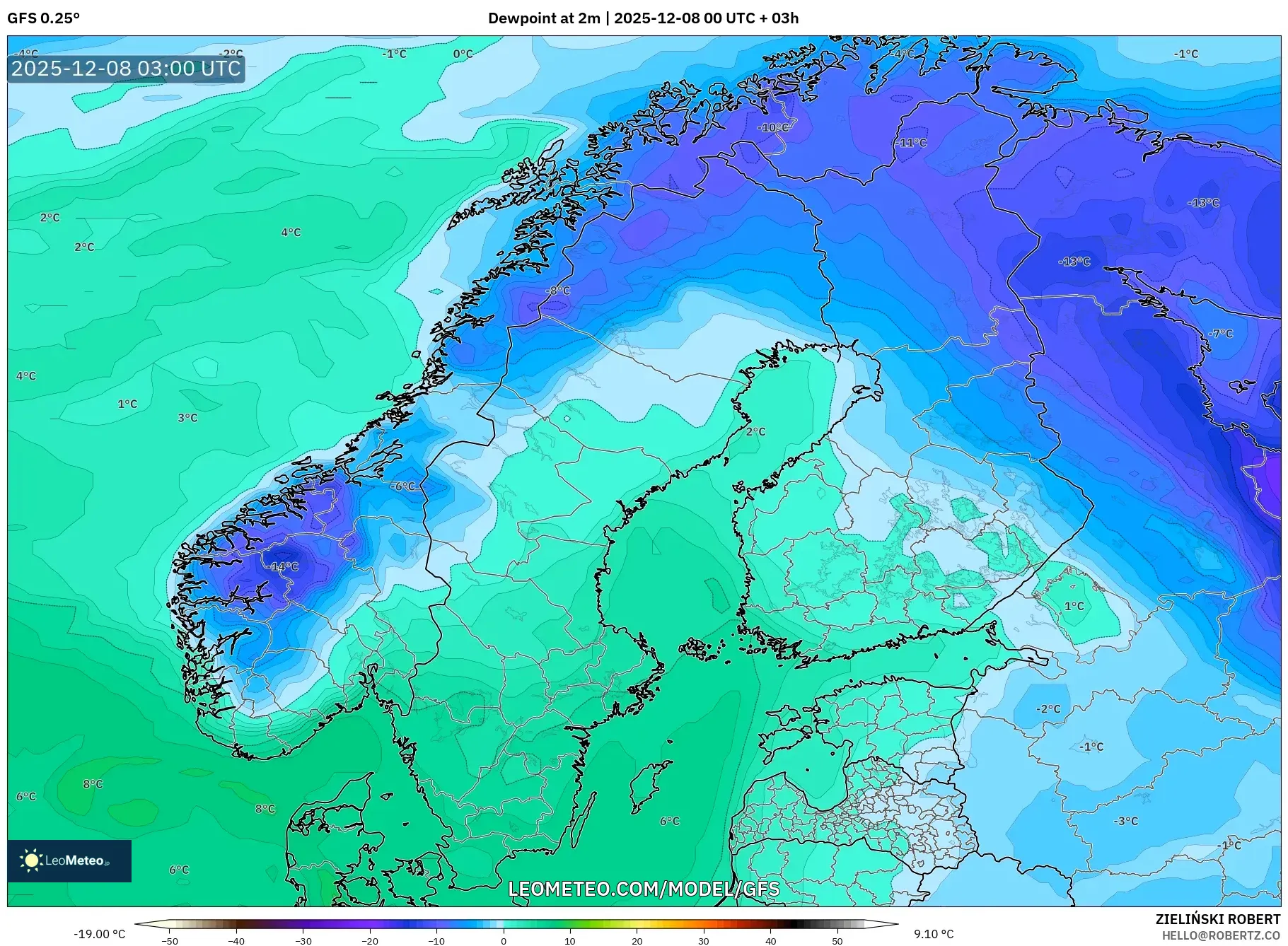 GFS model - Scandinavia, Dewpoint at 2m