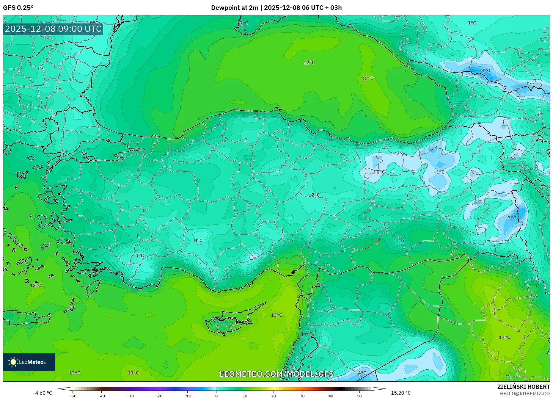 GFS model - Turkey, Dewpoint at 2m