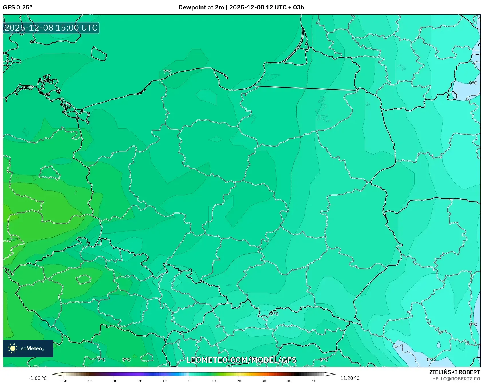 GFS model - Poland, Dewpoint at 2m