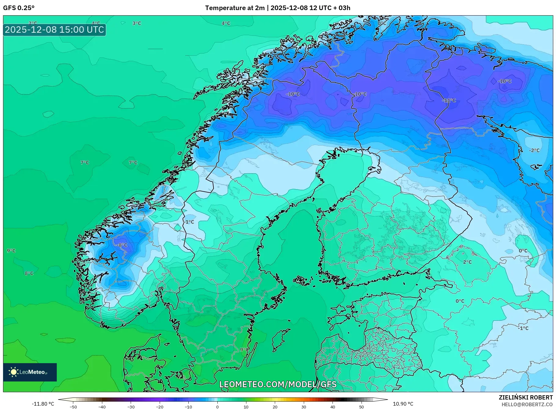 GFS model - Scandinavia, Temperature at 2m