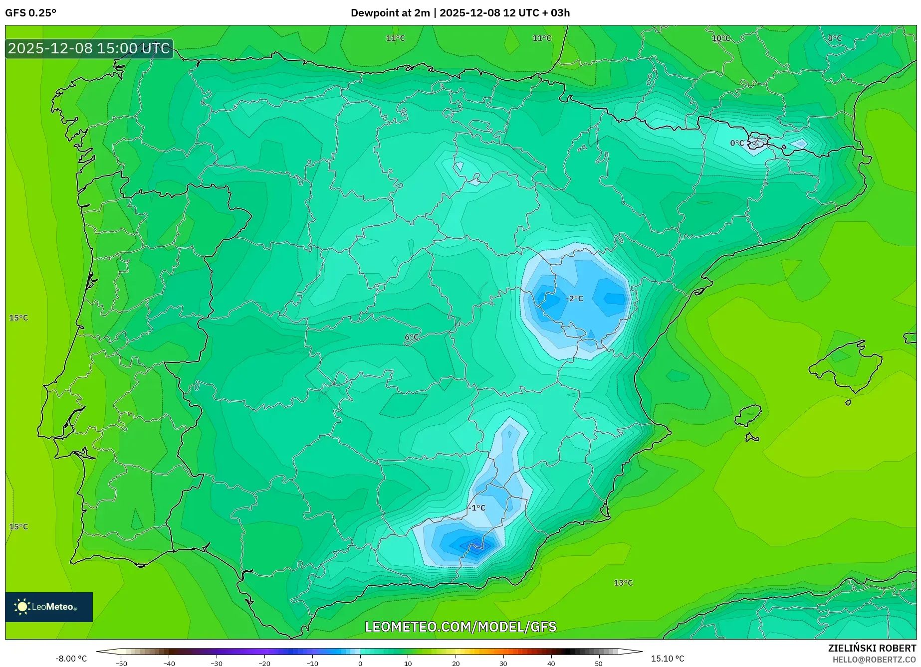 GFS model - Spain, Dewpoint at 2m