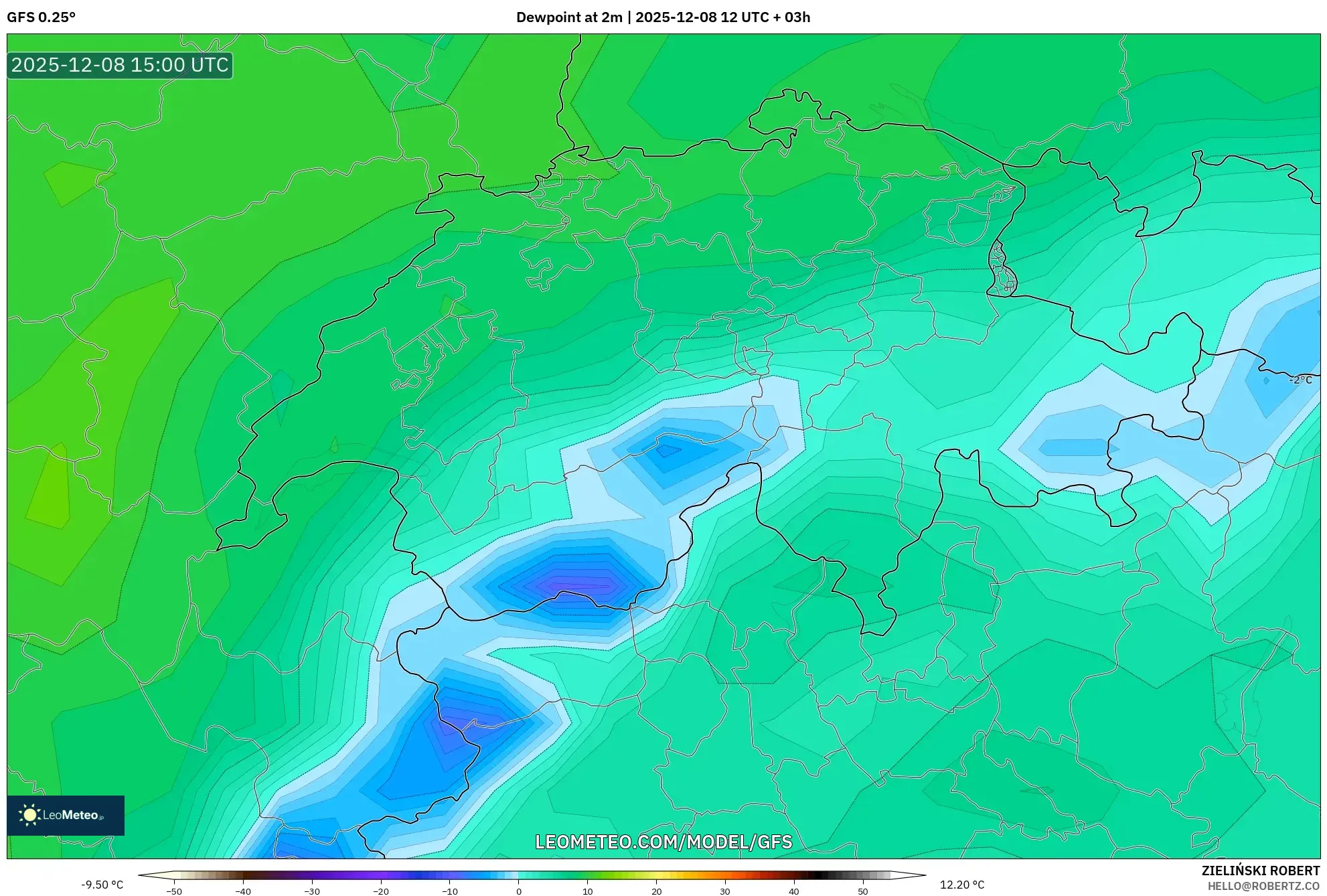 GFS model - Switzerland, Dewpoint at 2m