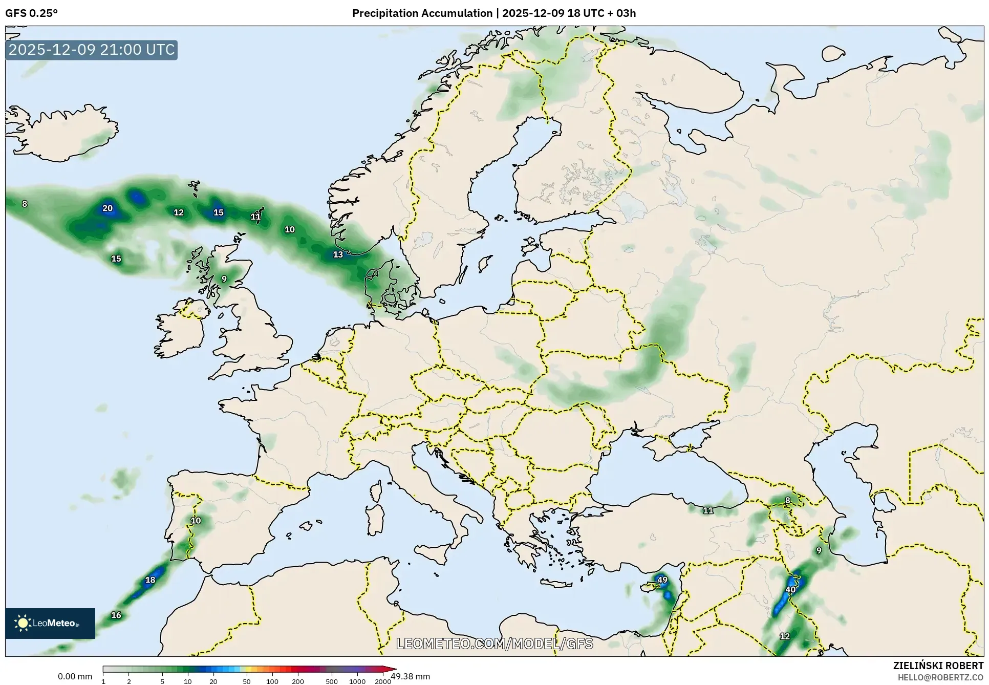 GFS model - Europe, Precipitation Accumulation