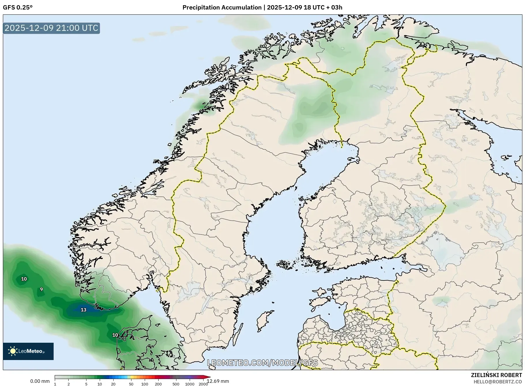 GFS model - Scandinavia, Precipitation Accumulation