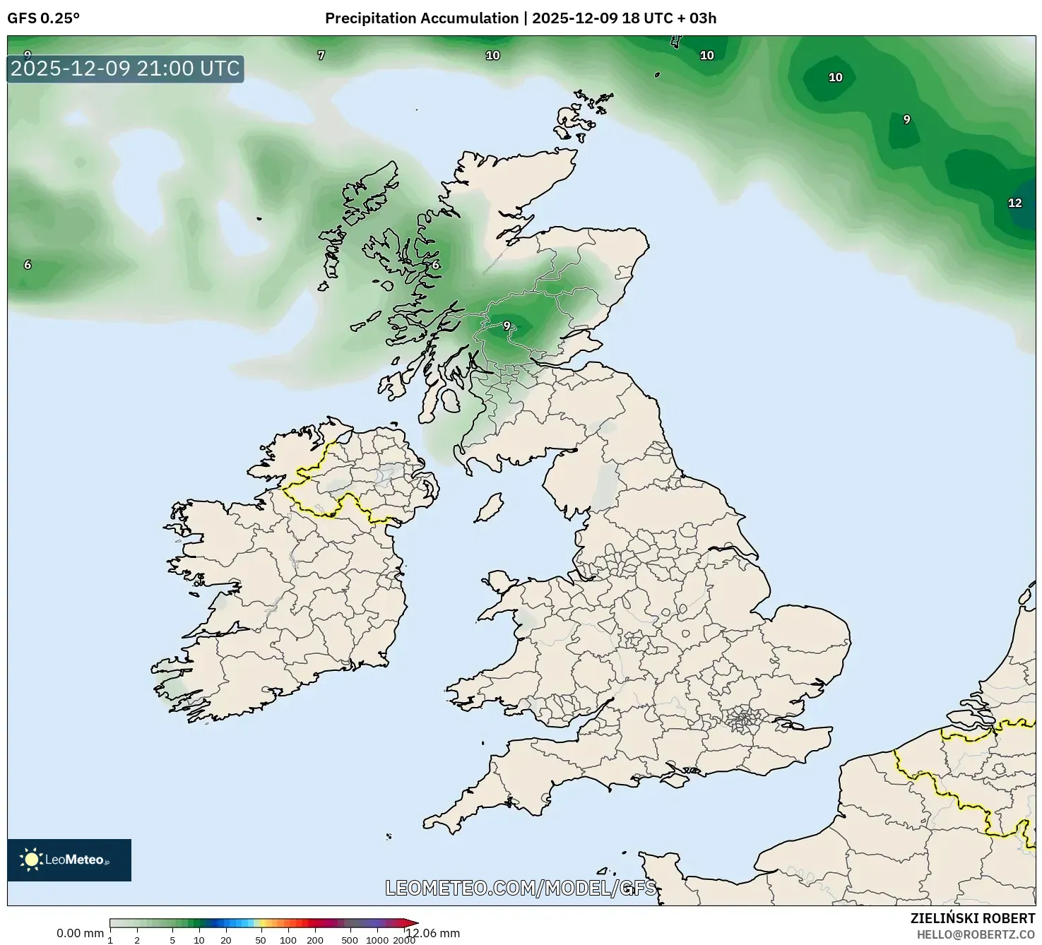 GFS model - United Kingdom, Precipitation Accumulation