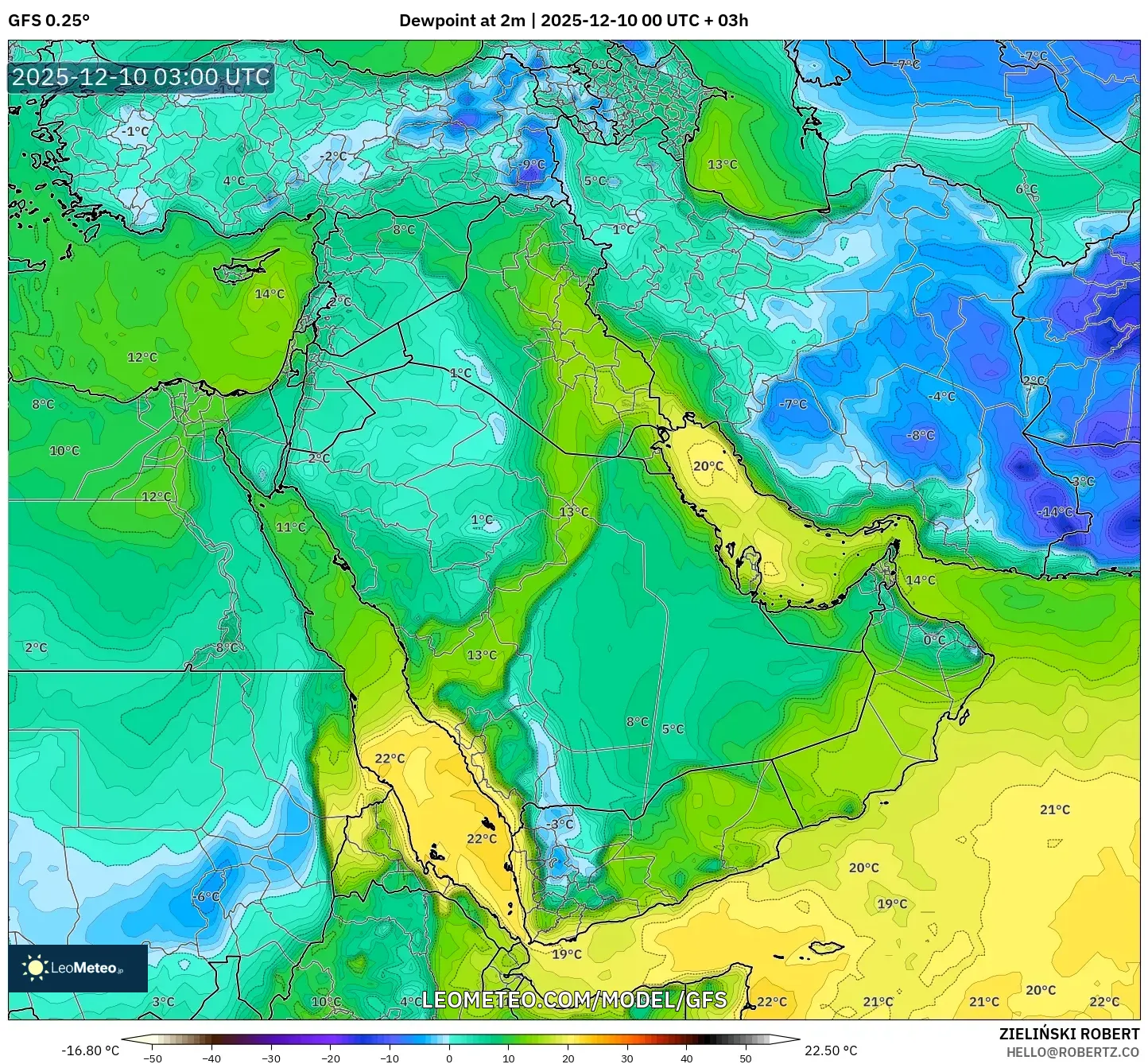 GFS model - Middle East, Dewpoint at 2m