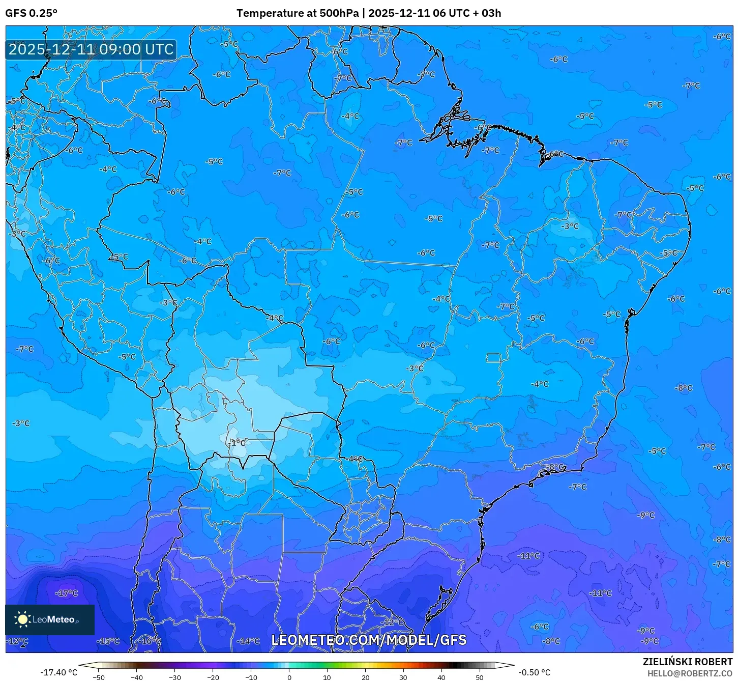 GFS model - Brazil, Temperature at 500hPa
